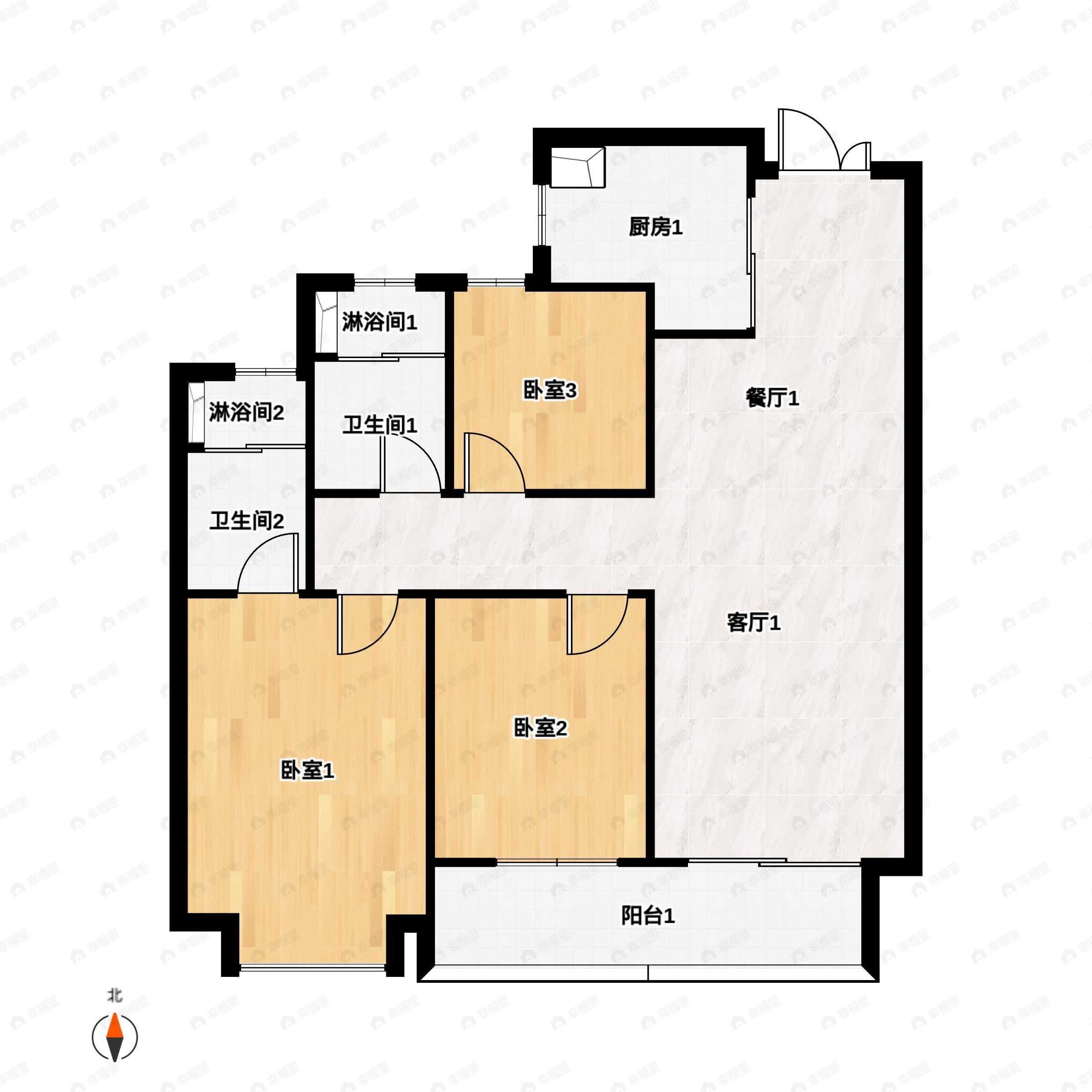 3室2厅2卫建面115平南户型图