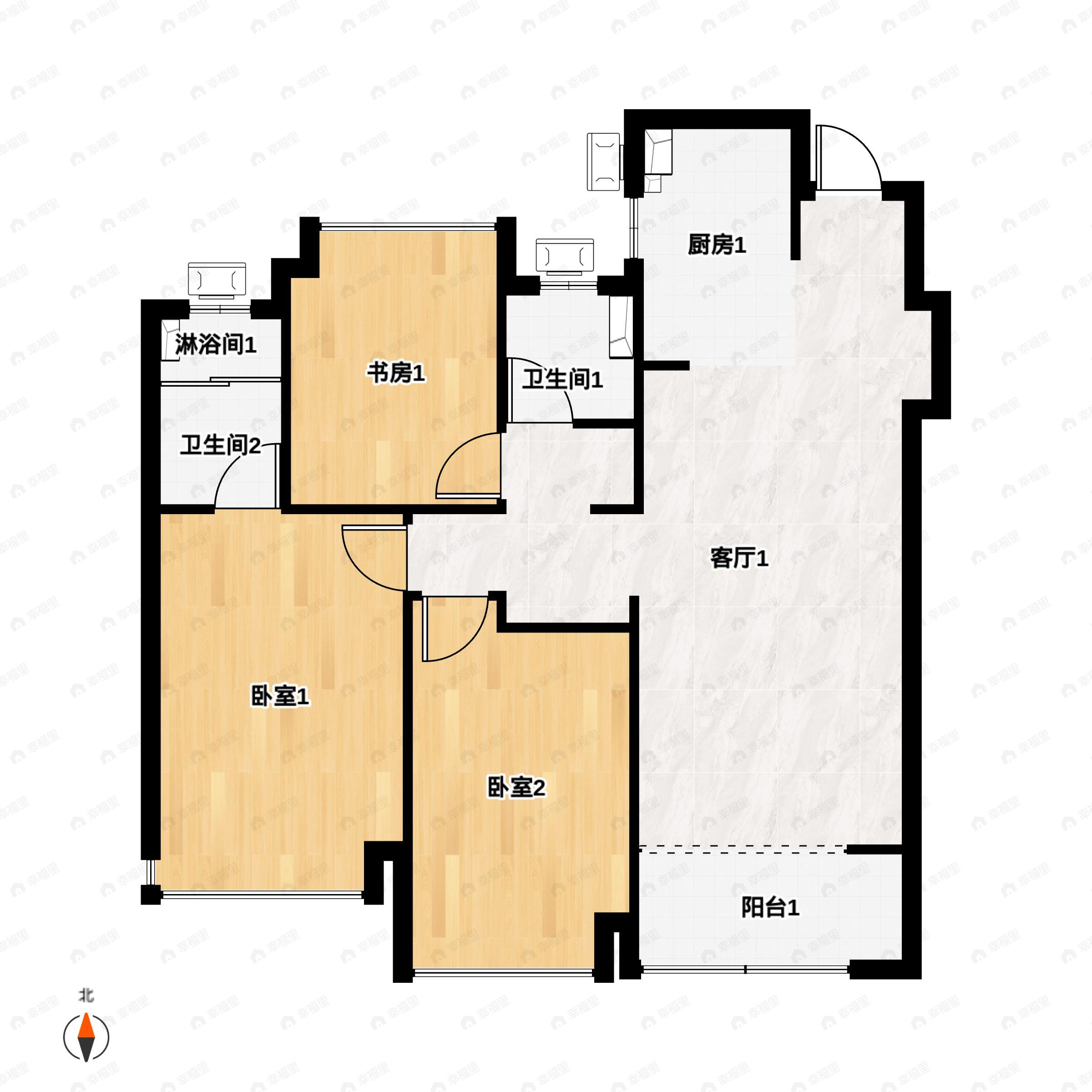 3室2厅2卫建面112m²南户型图