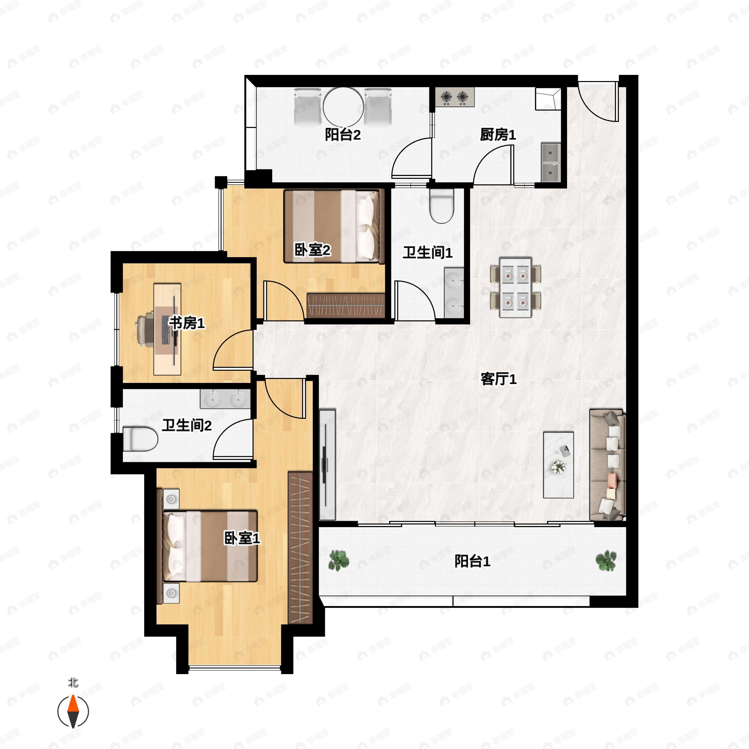 3室2厅2卫建面136m²南户型图