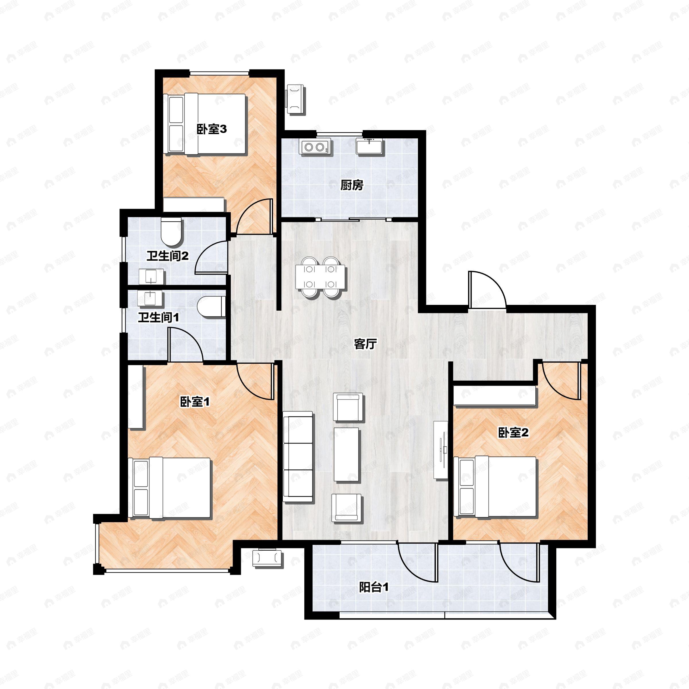 3室2厅2卫建面120m²南|北户型图