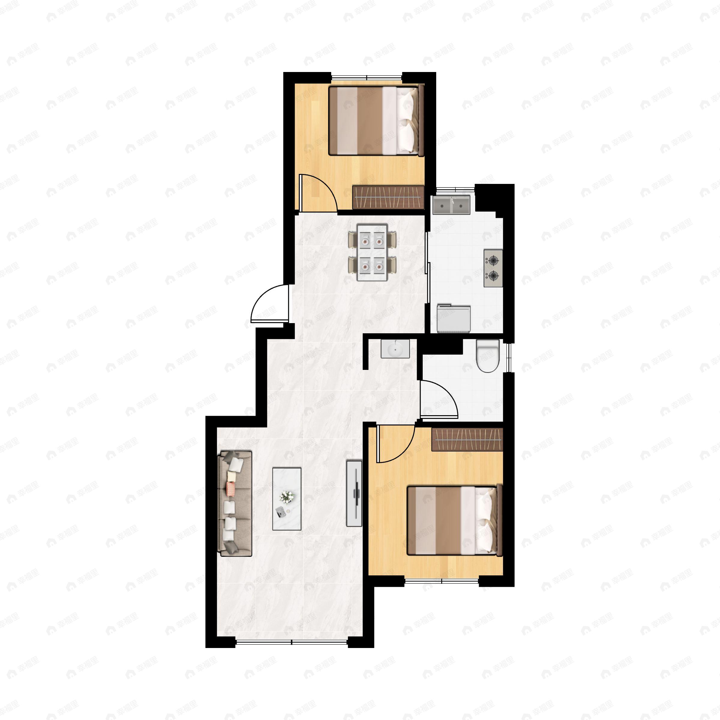 2室2厅1卫建面83m²南|北户型图