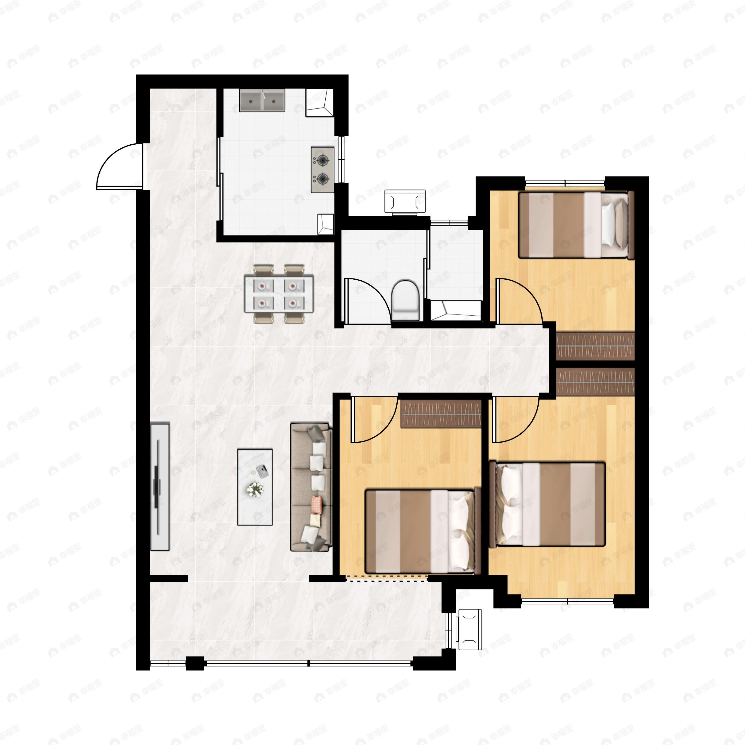 3室2厅1卫建面107m²南|北户型图