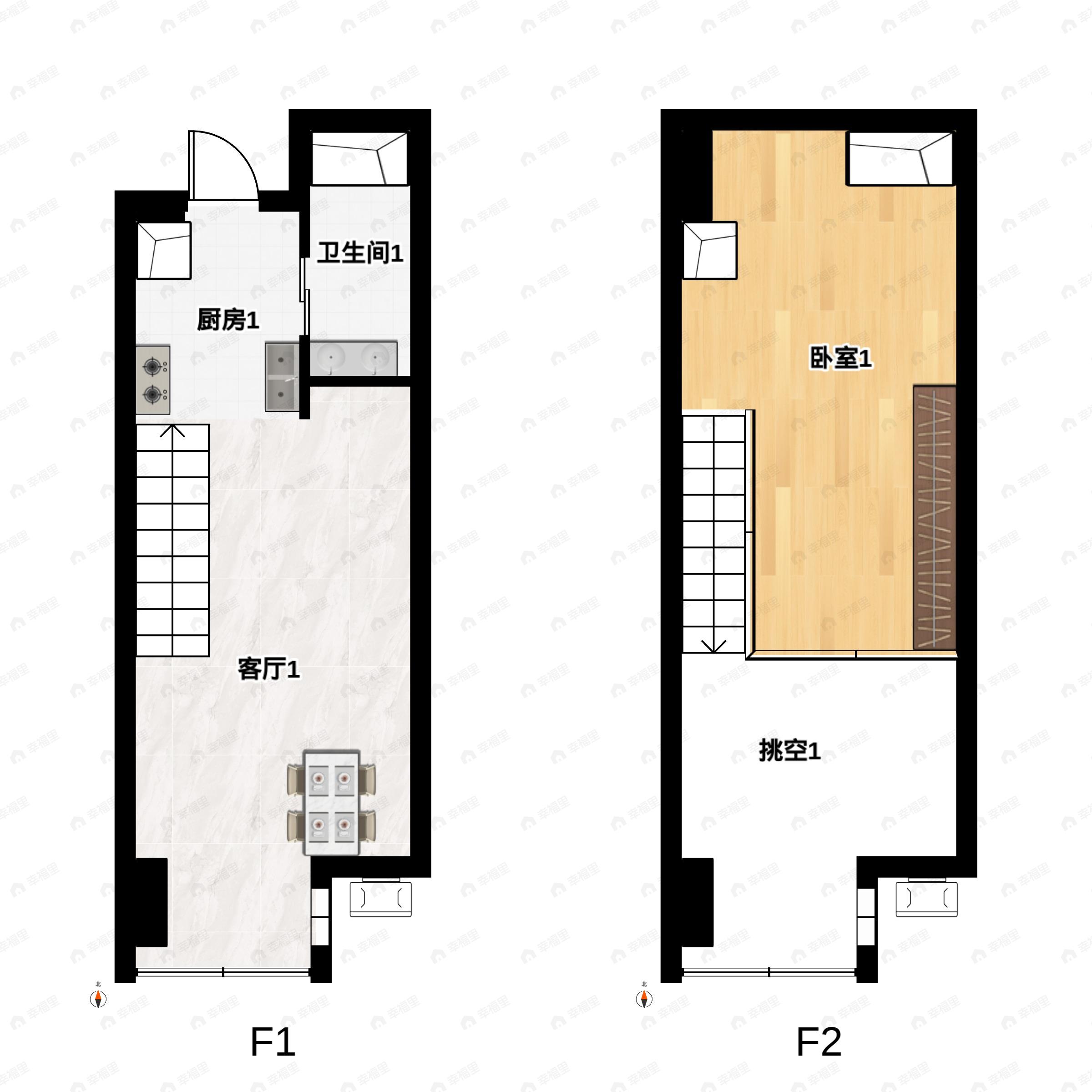 1室1厅1卫建面37m²南户型图