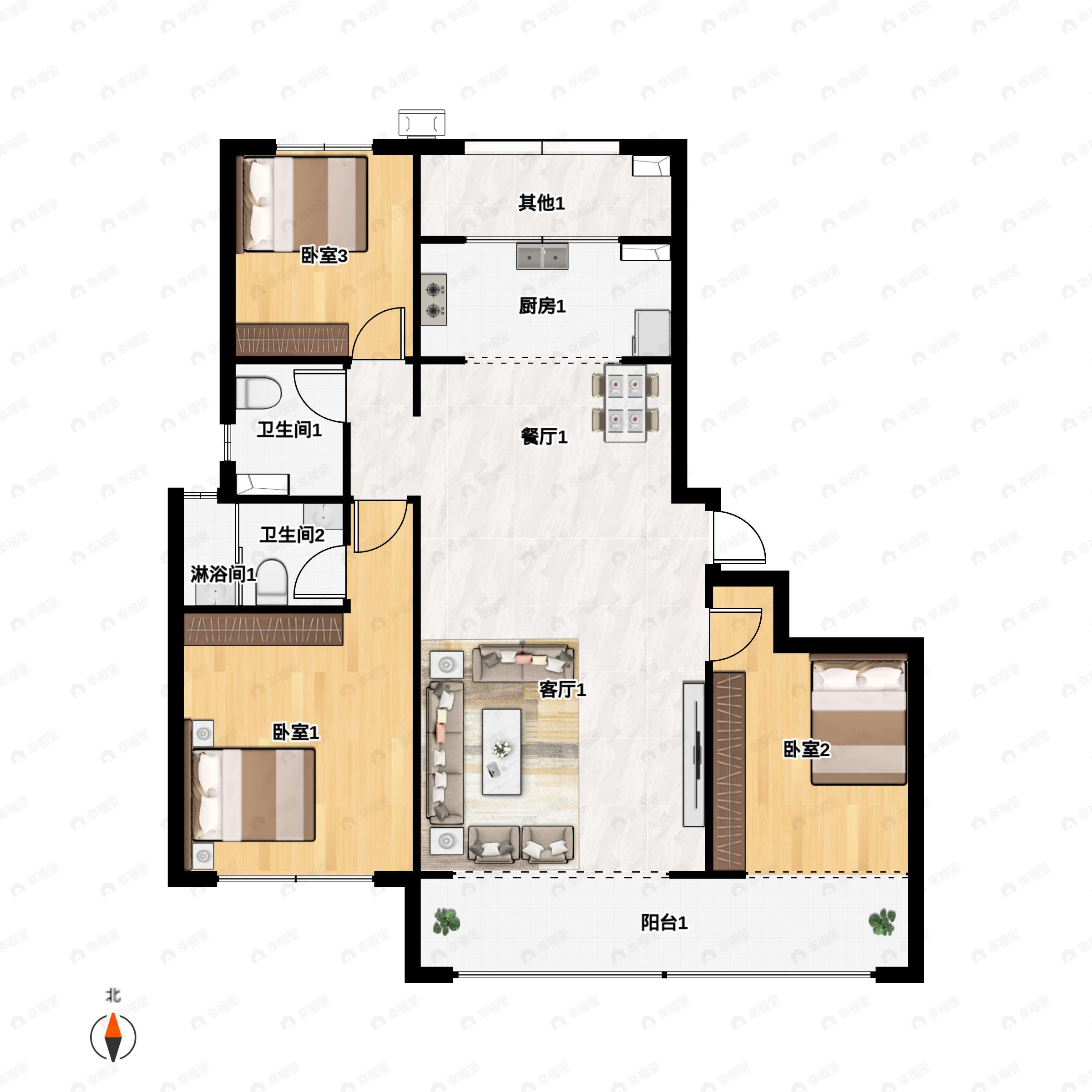 3室2厅2卫建面141m²南户型图