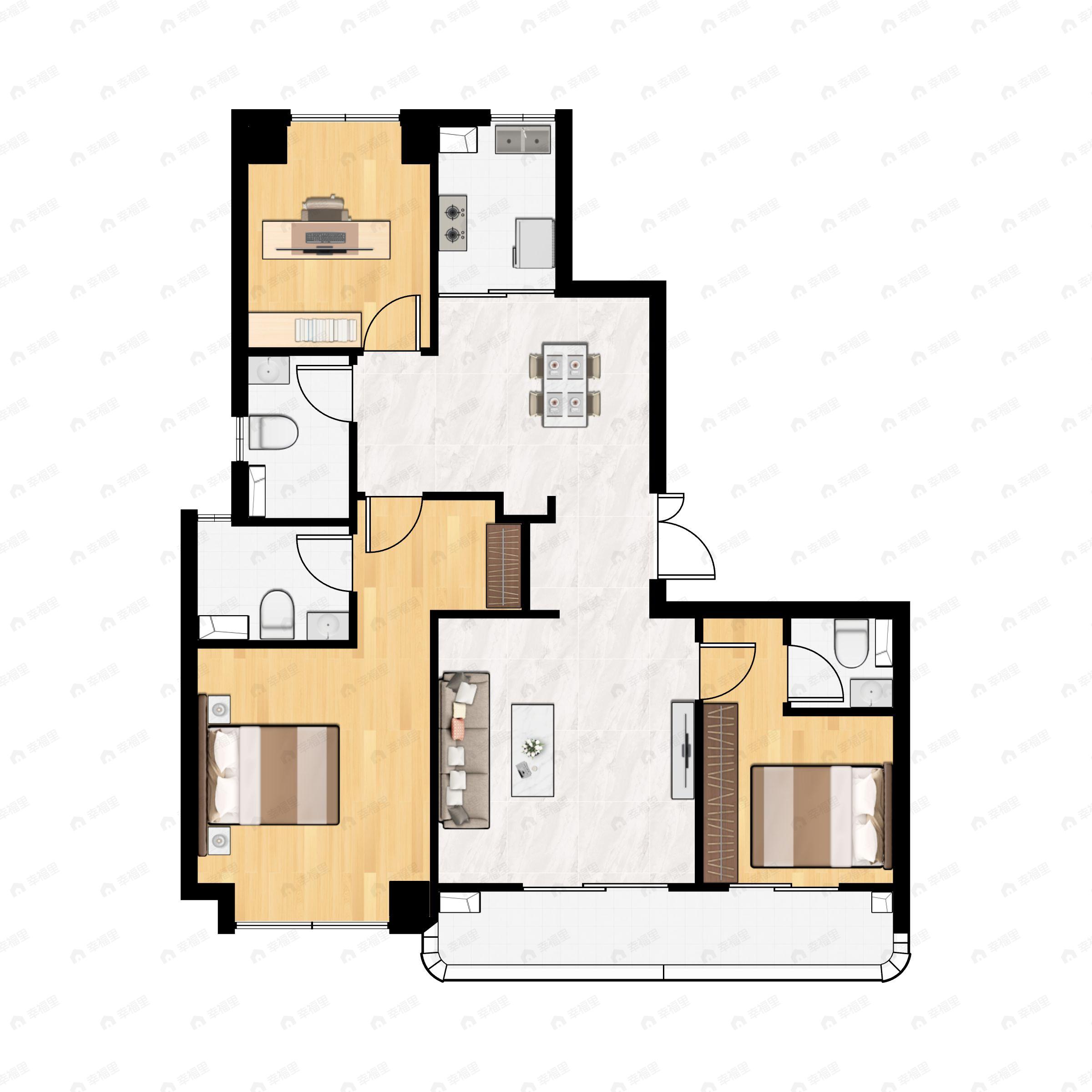 3室2厅3卫建面141m²南|北户型图