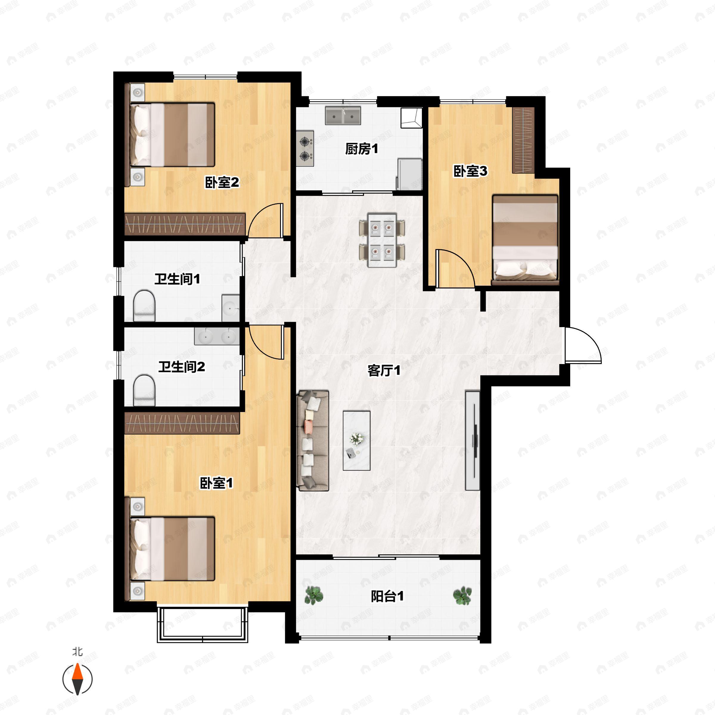 3室2厅2卫建面135m²南户型图