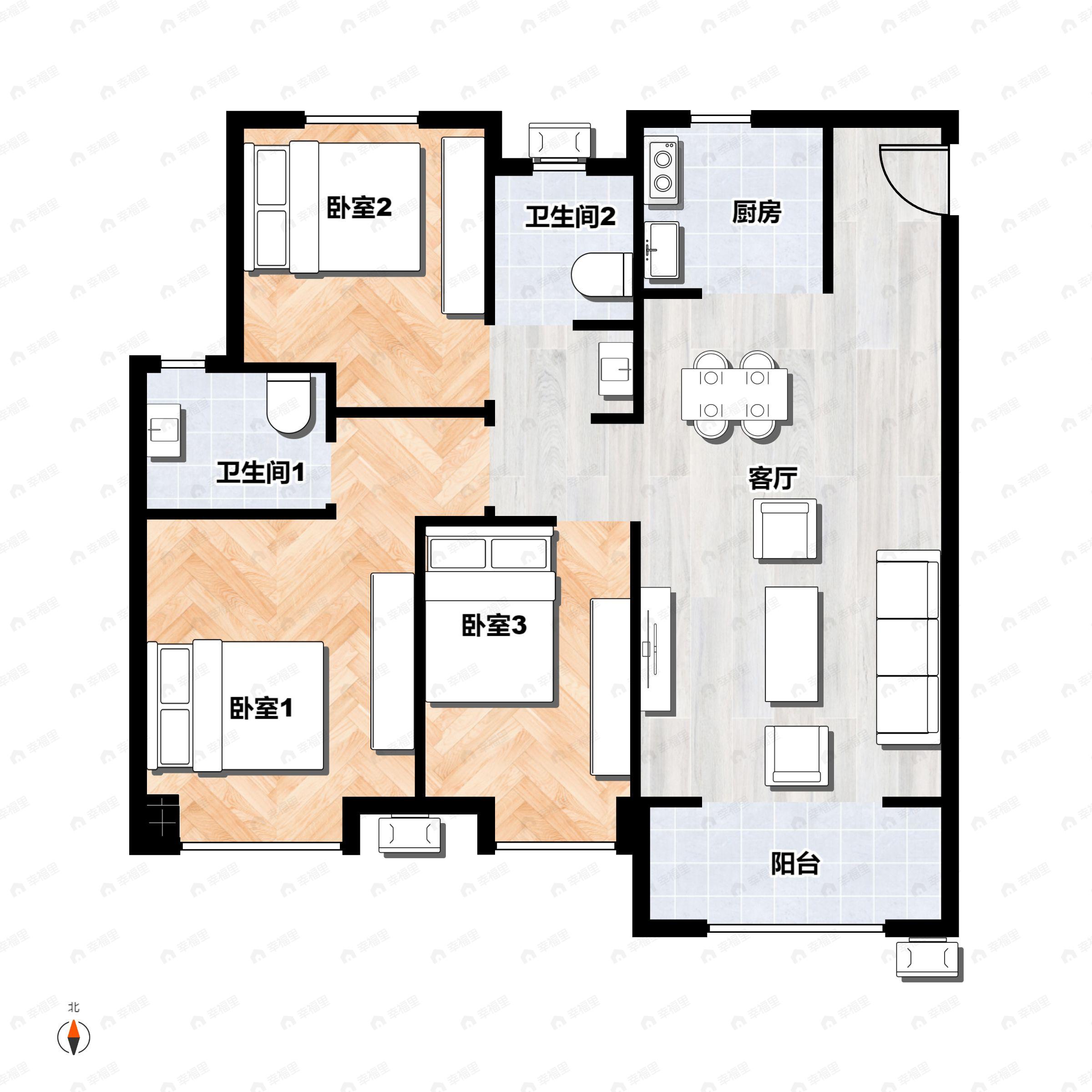 3室2厅2卫建面108平北|南户型图