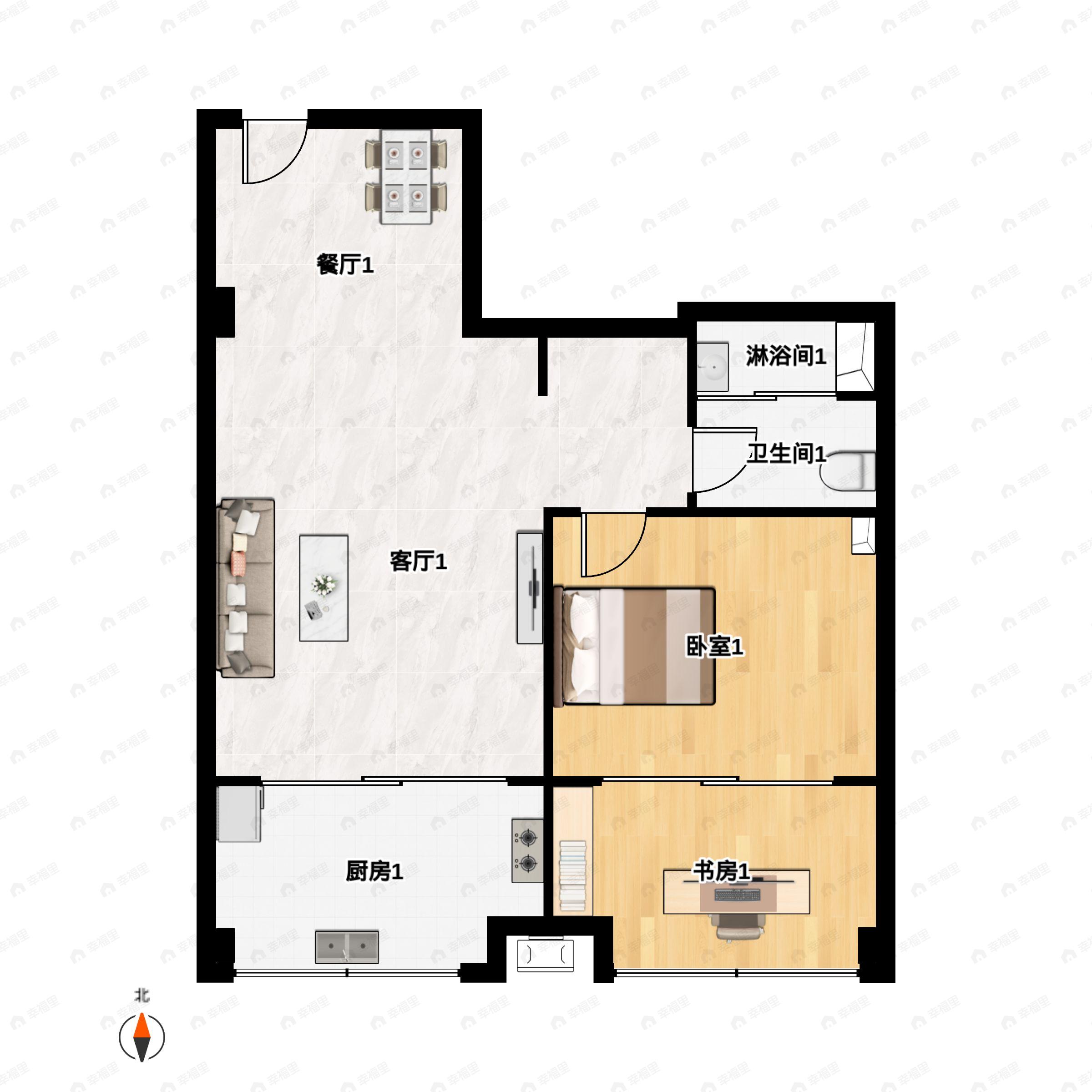 1室2厅1卫建面64平户型图