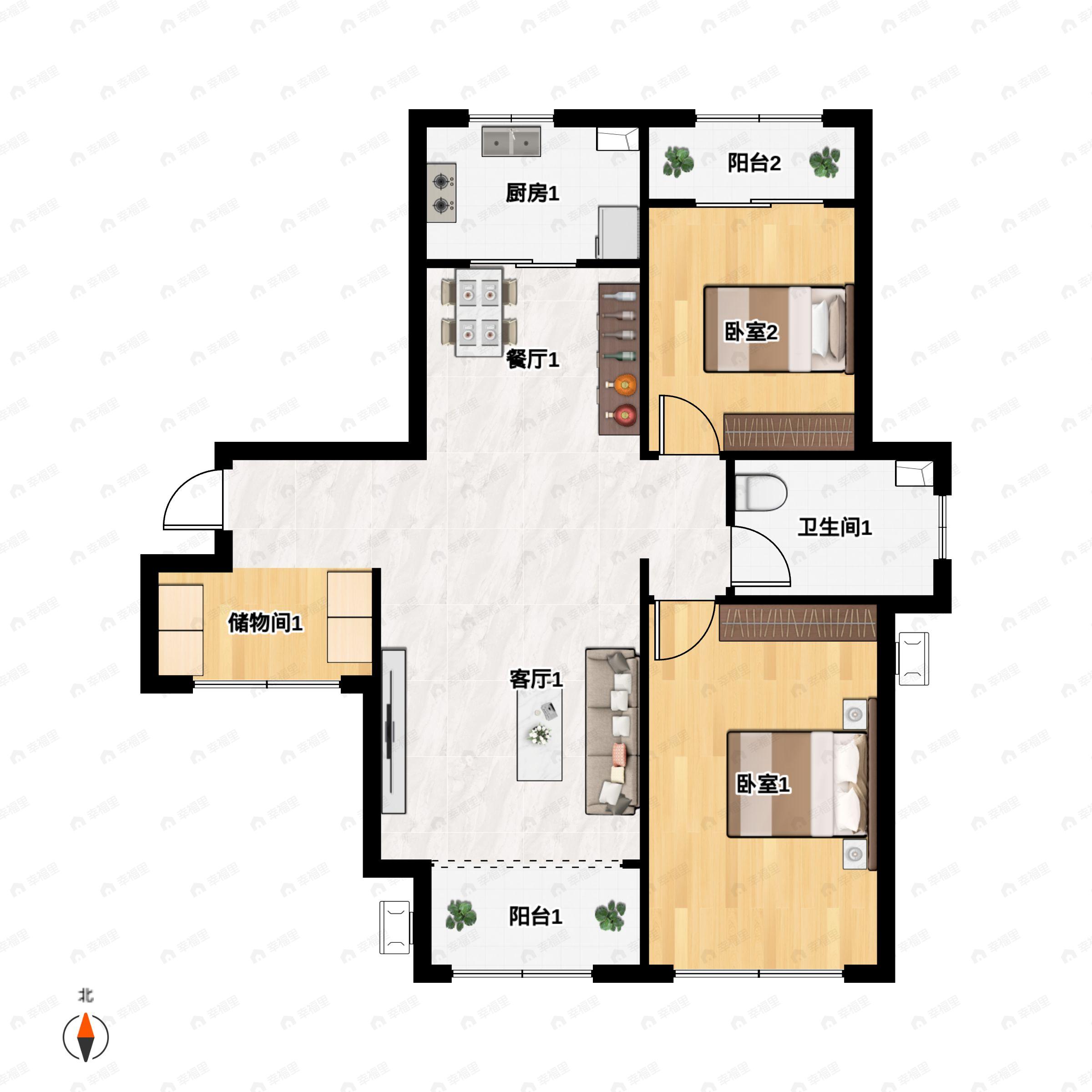 2室2厅1卫建面122平户型图