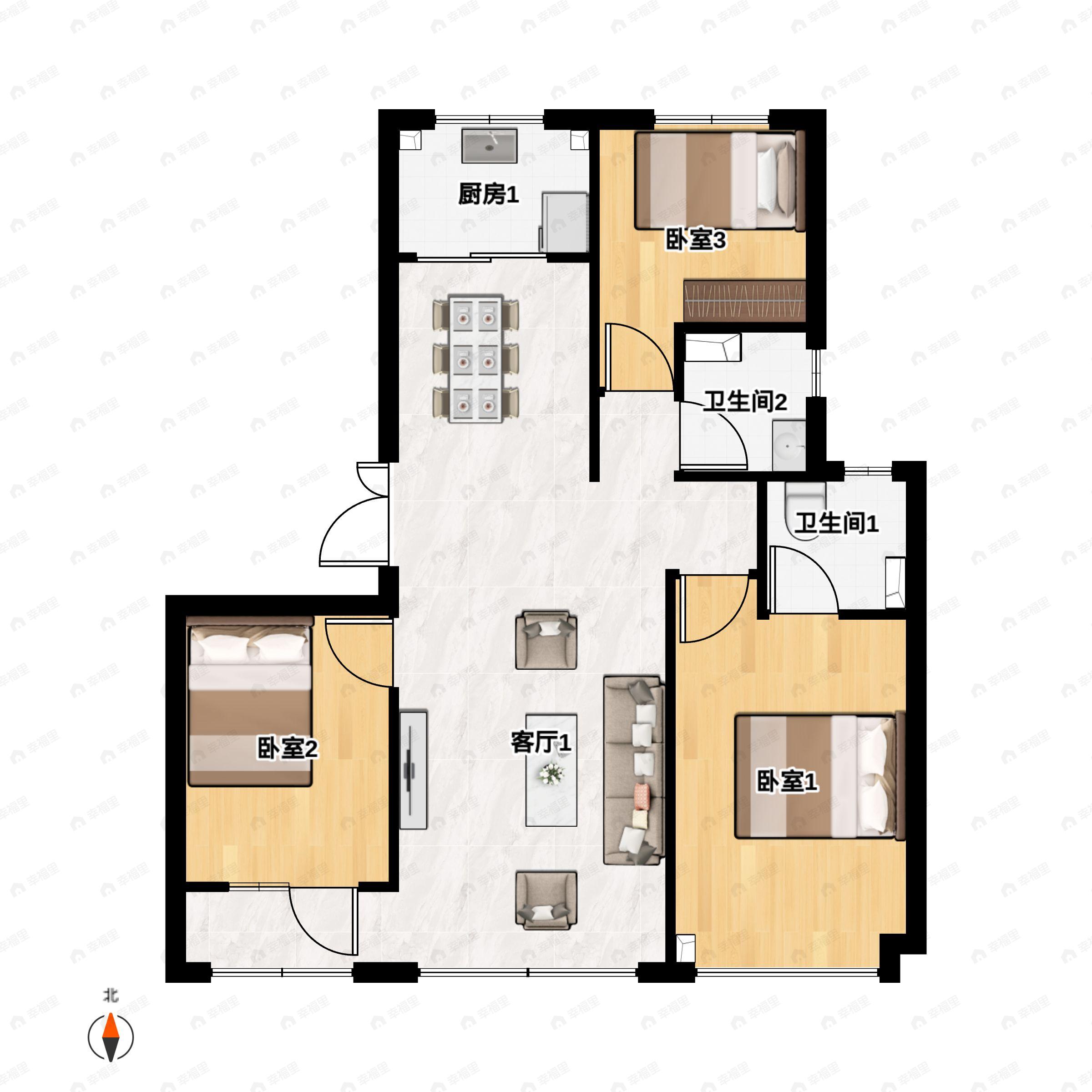3室2厅2卫建面135m²南|北户型图