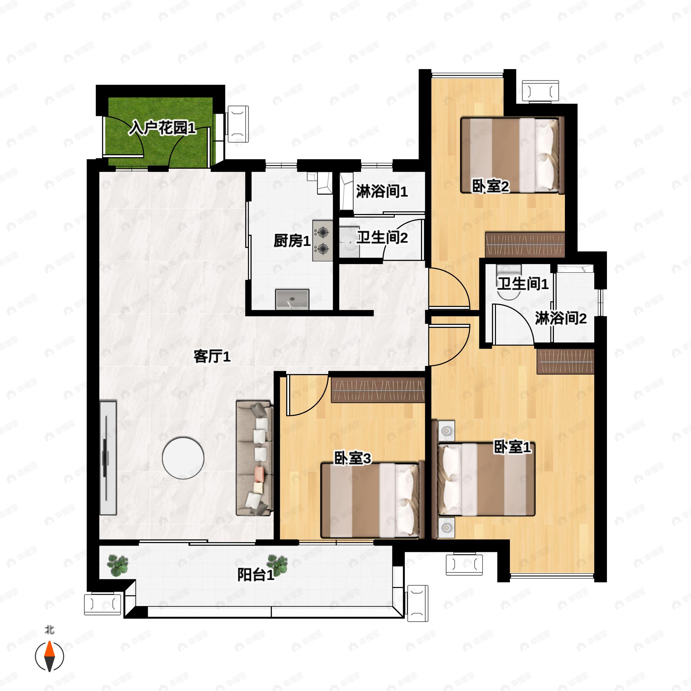 3室2厅2卫建面111m²南户型图