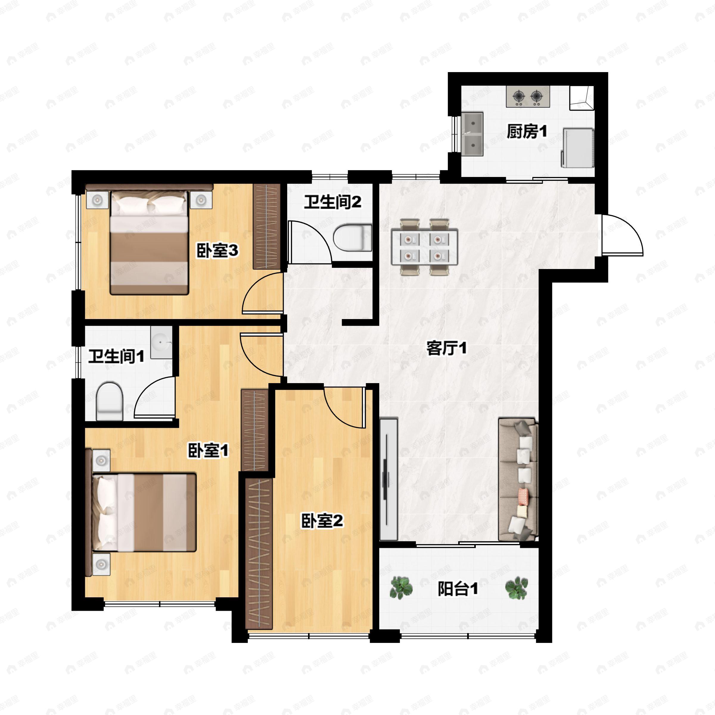 3室2厅2卫建面104平南户型图