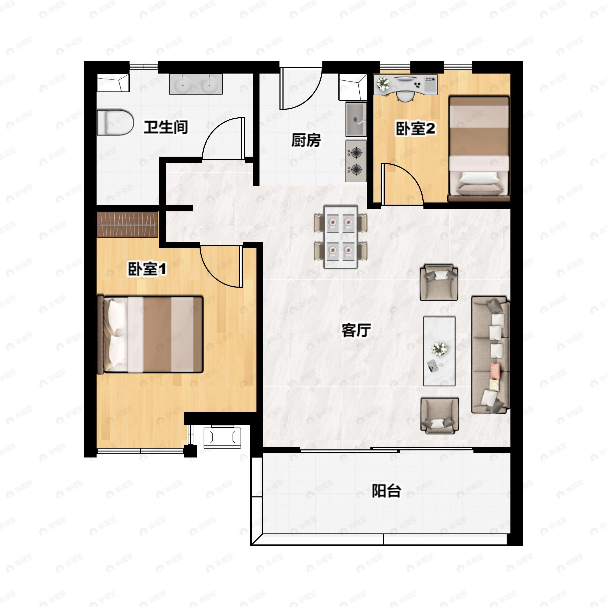 2室1厅1卫建面61m²北|南户型图
