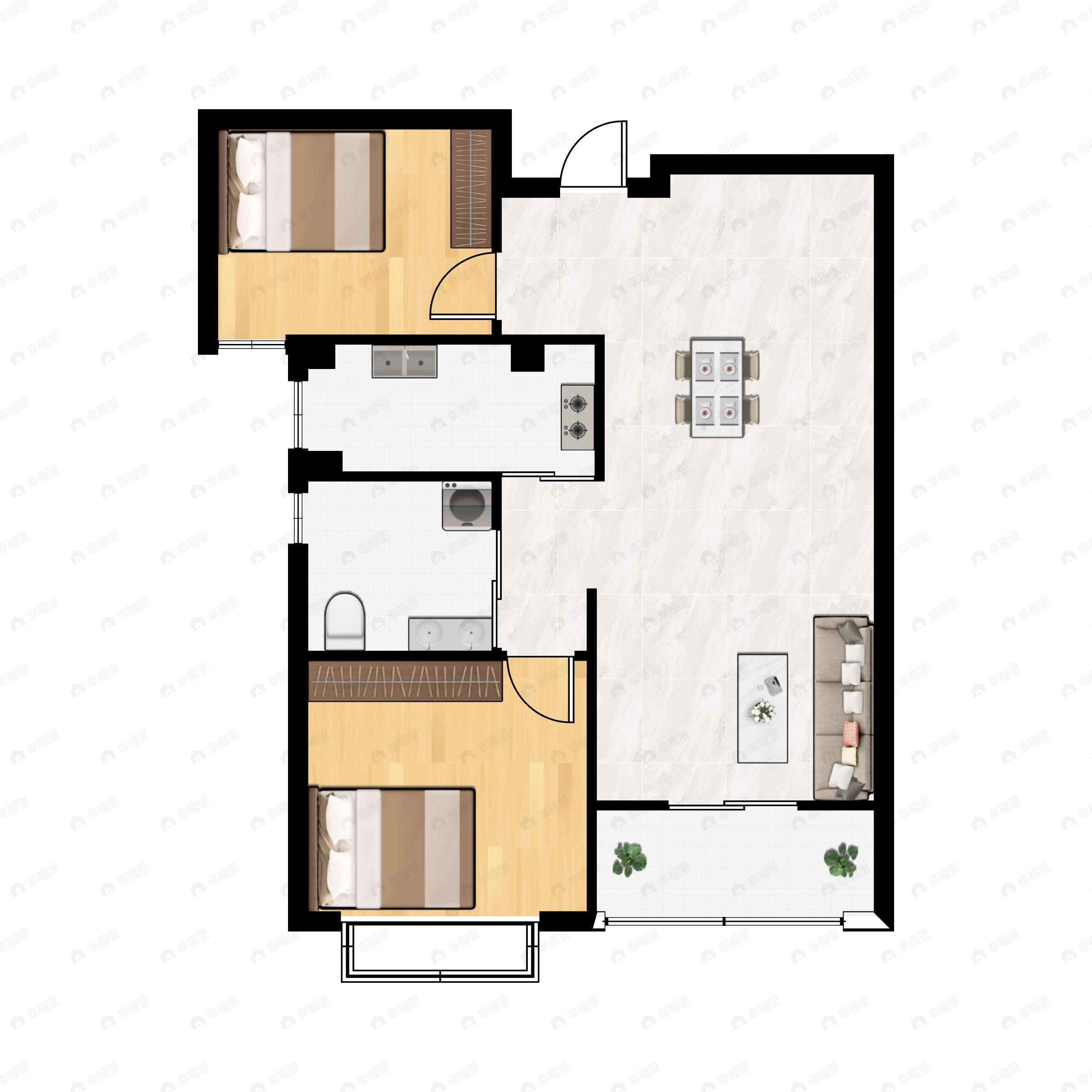 2室2厅1卫建面86m²南户型图