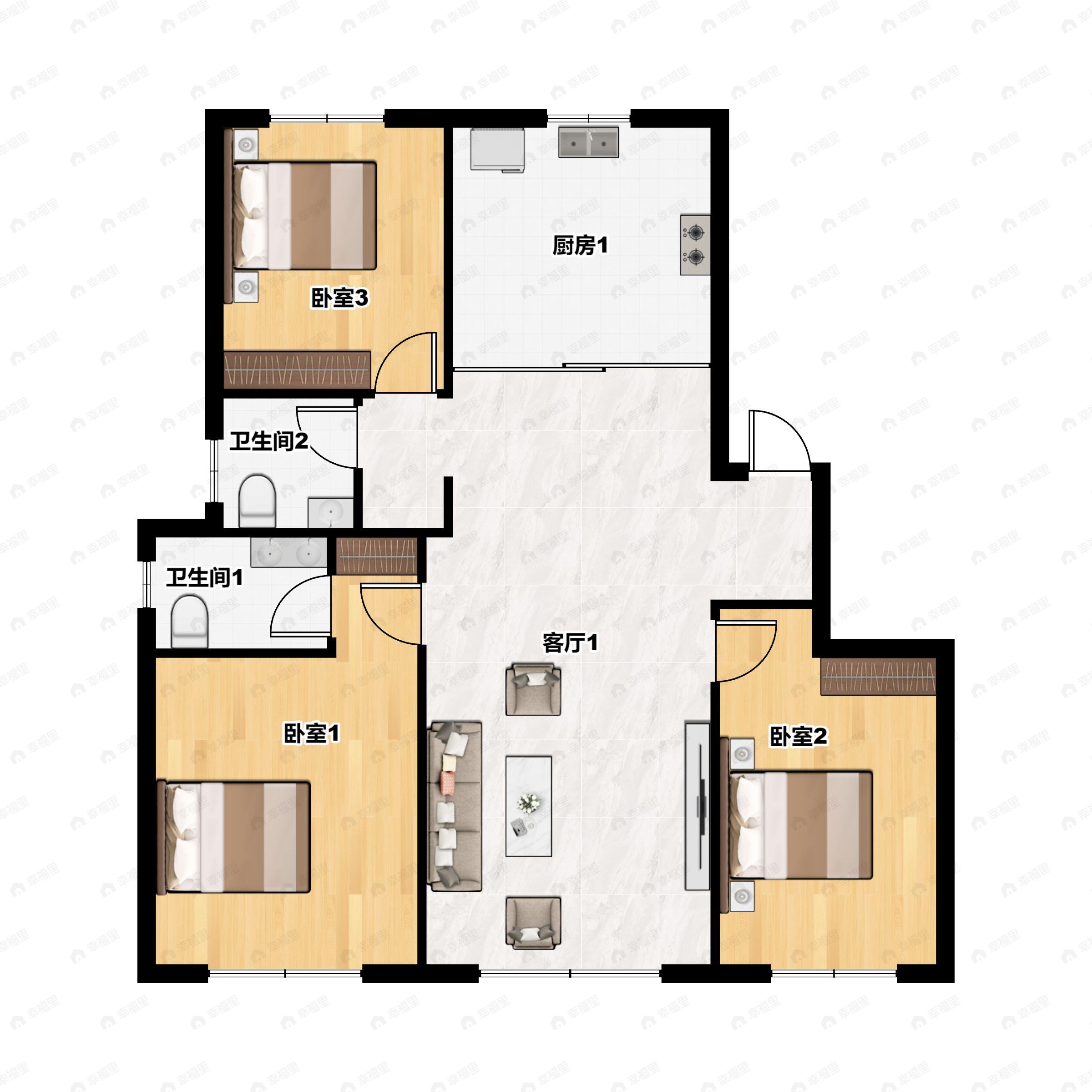 3室2厅2卫建面108平户型图