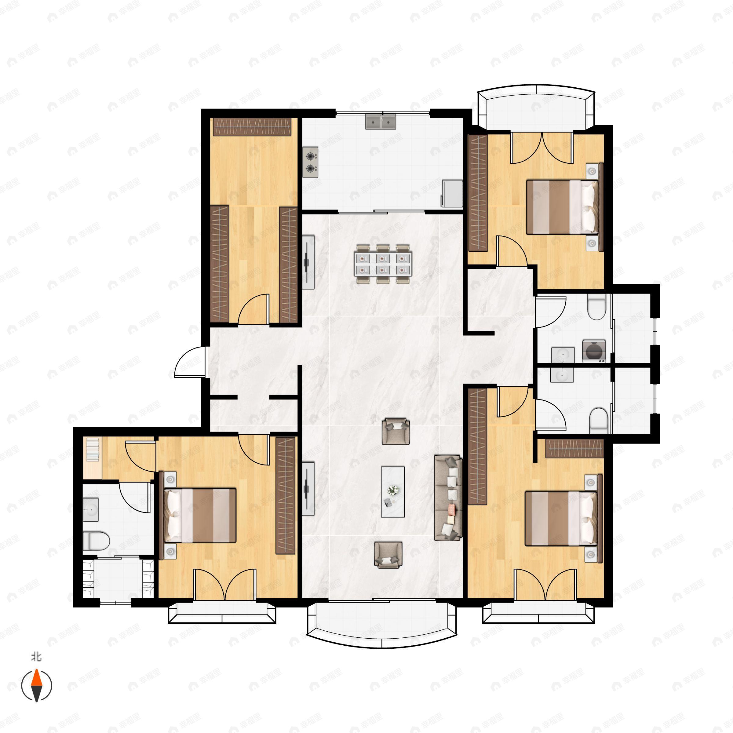 3室2厅3卫建面180m²北|南户型图