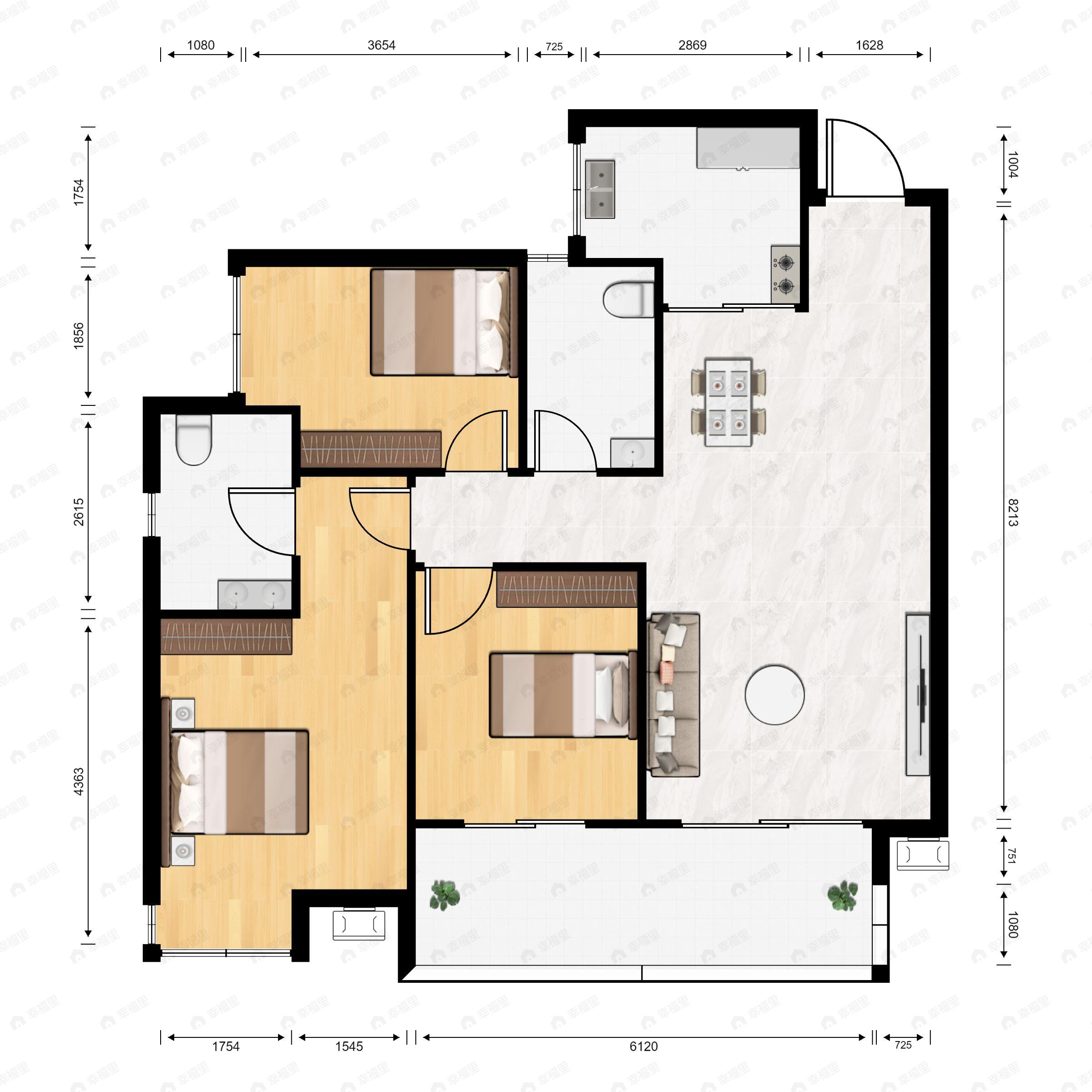 中铁城鉴湖栖郡3室2厅2卫户型图