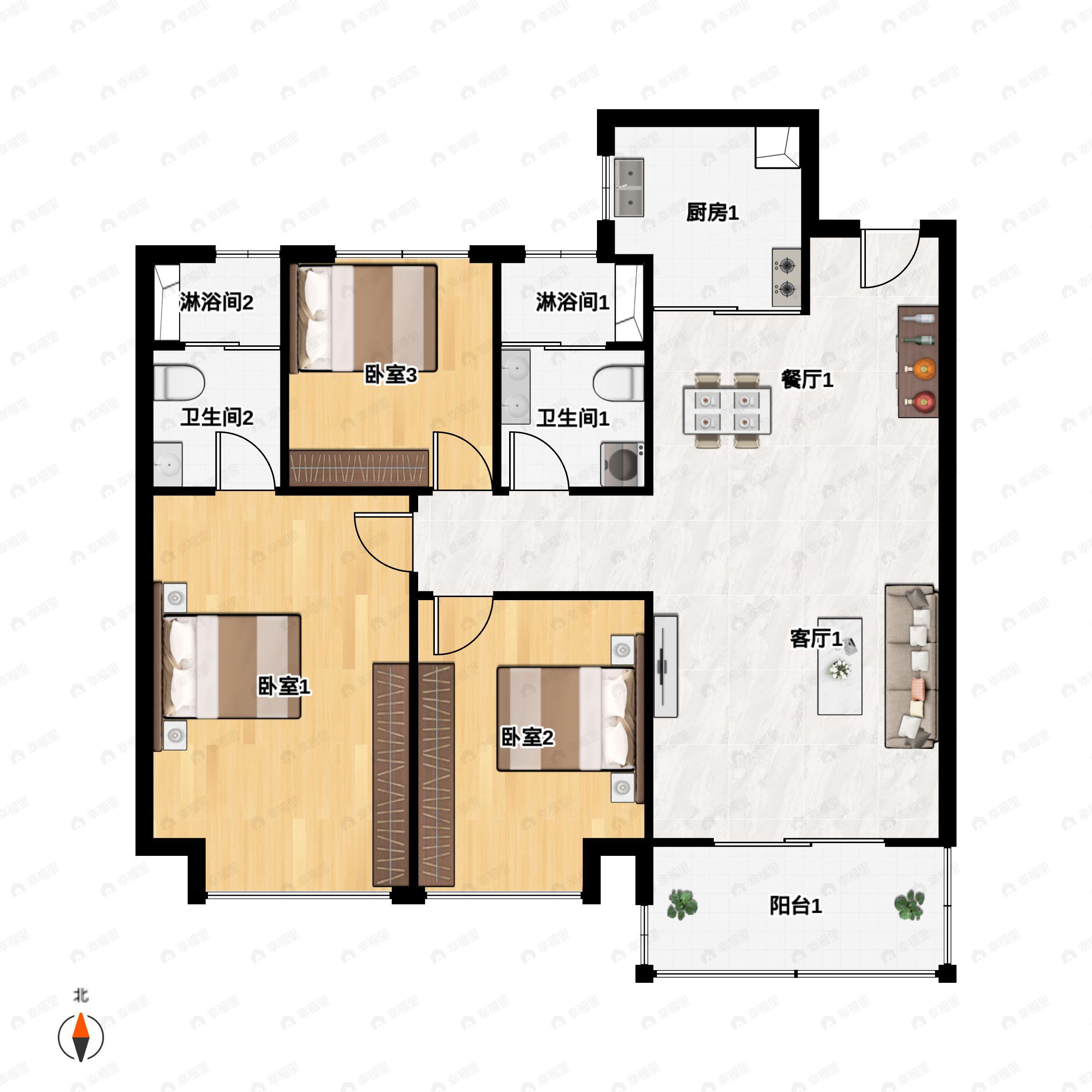 3室2厅2卫建面98平户型图