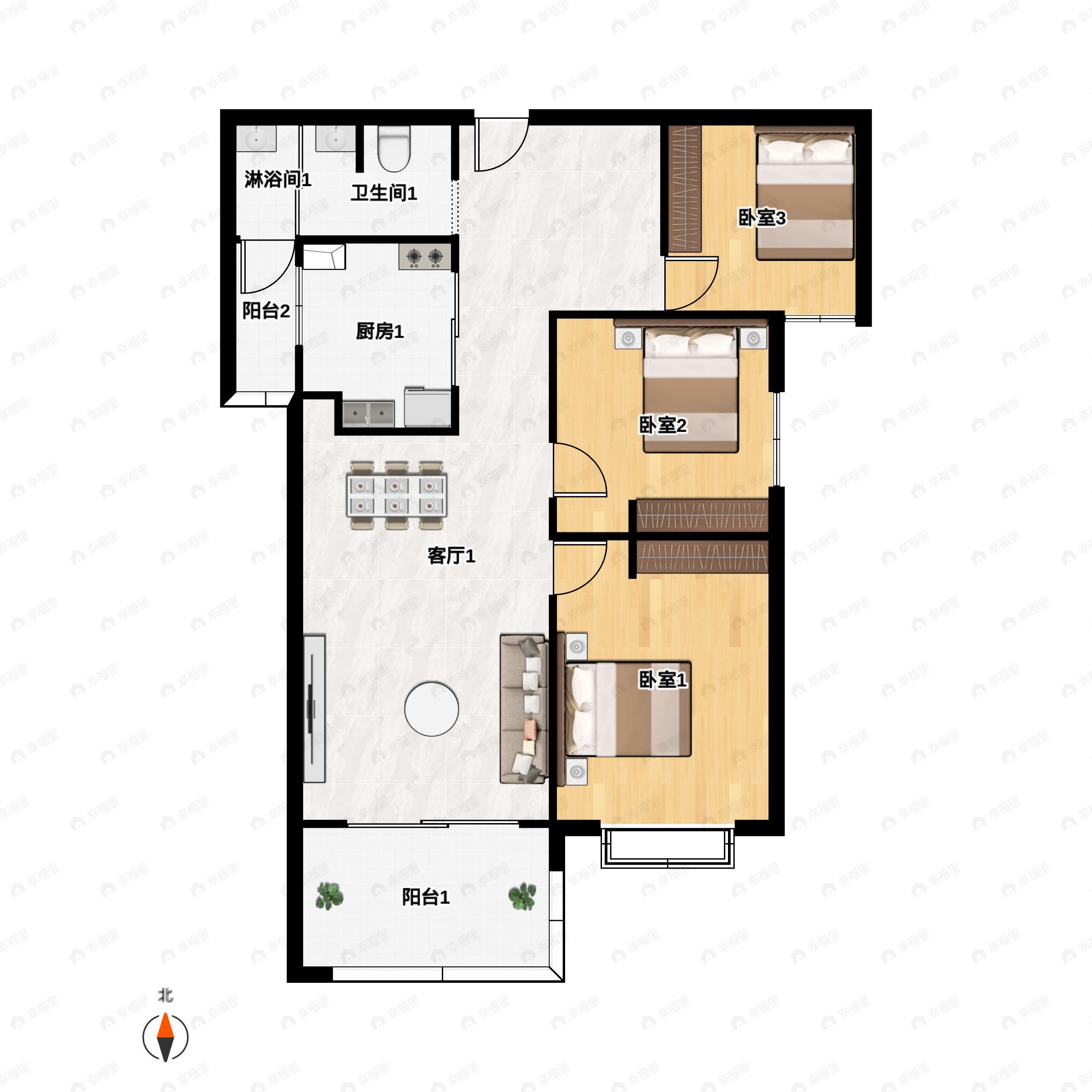 洛浦七悦府3室2厅1卫户型图