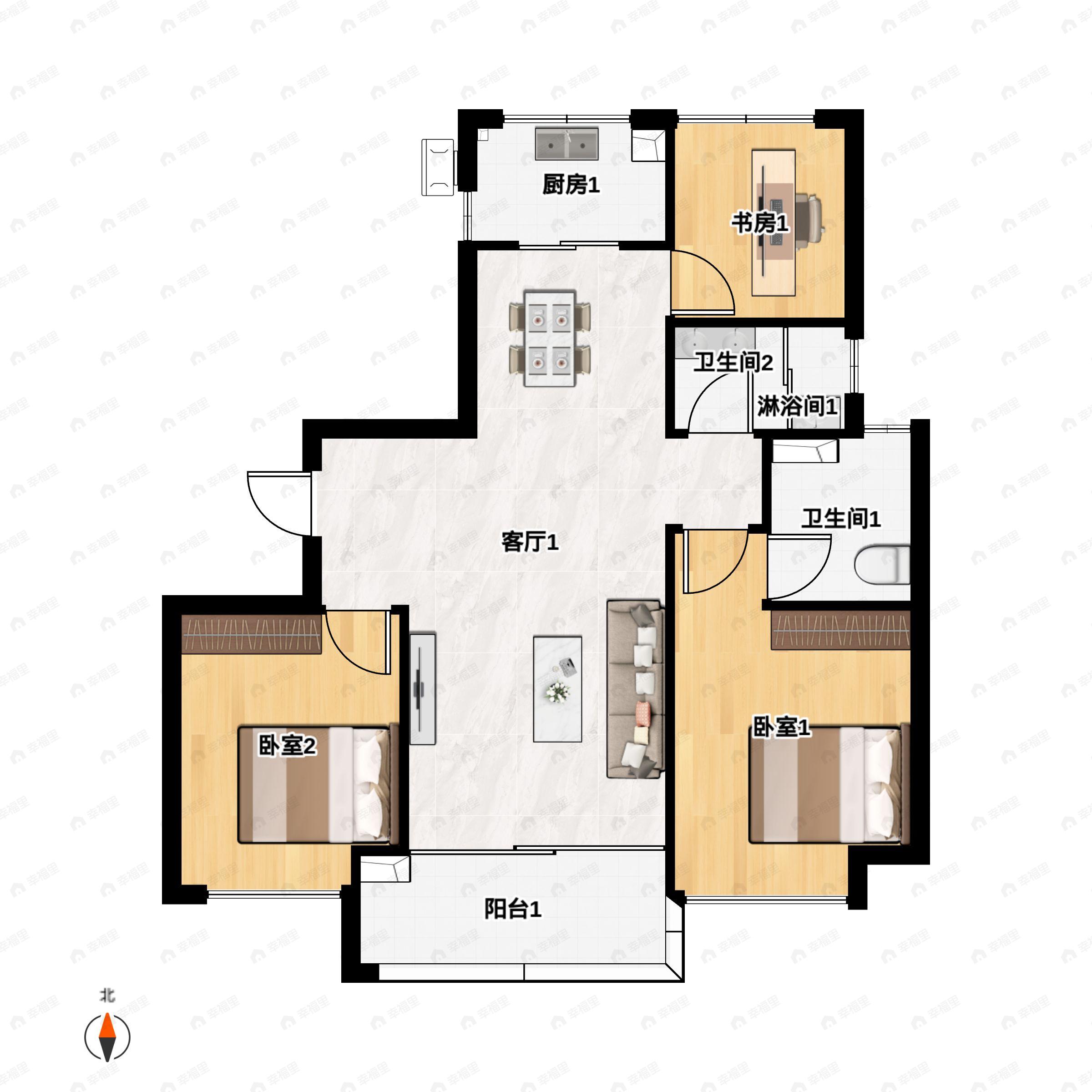 3室2厅2卫建面106平南户型图