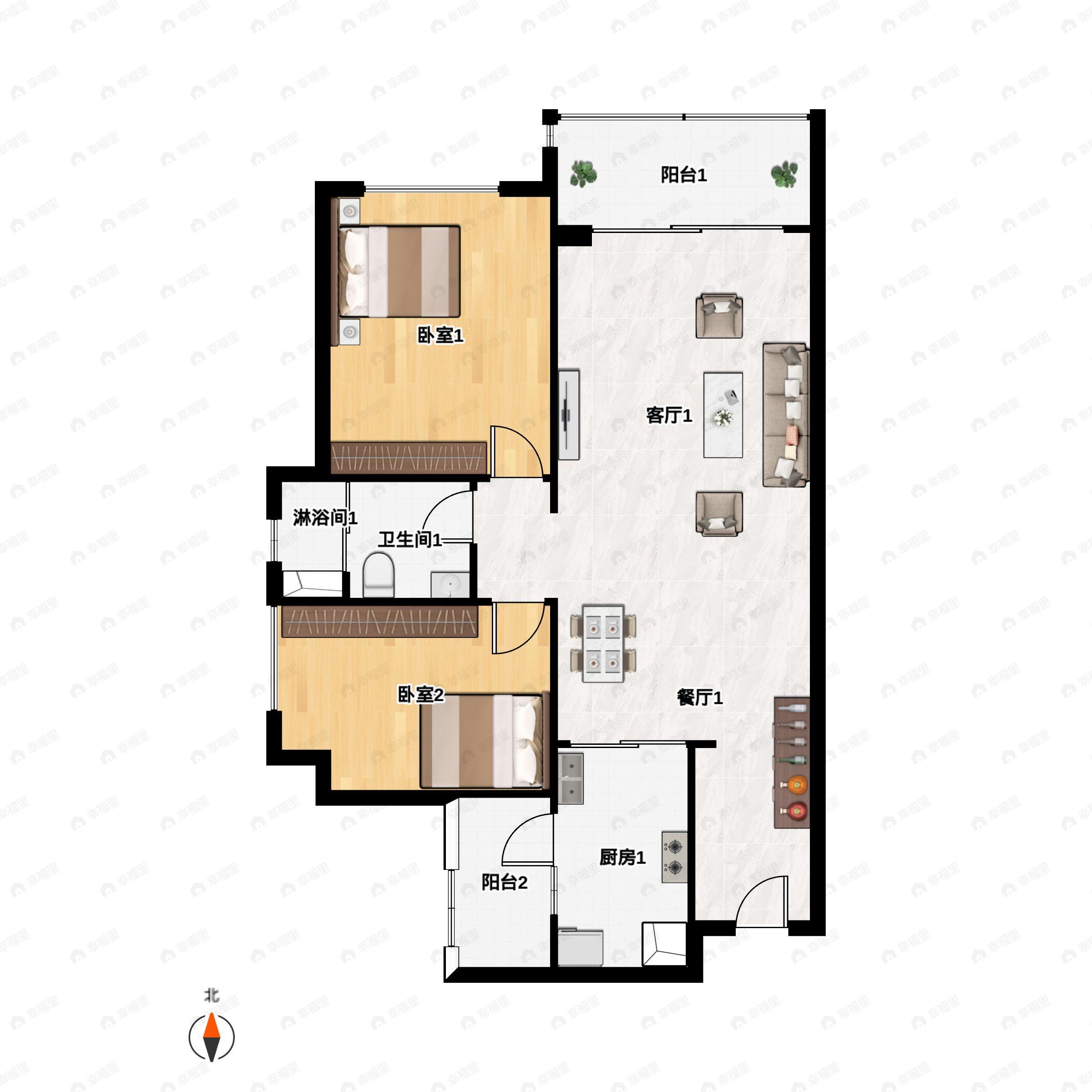 2室2厅1卫建面73平户型图