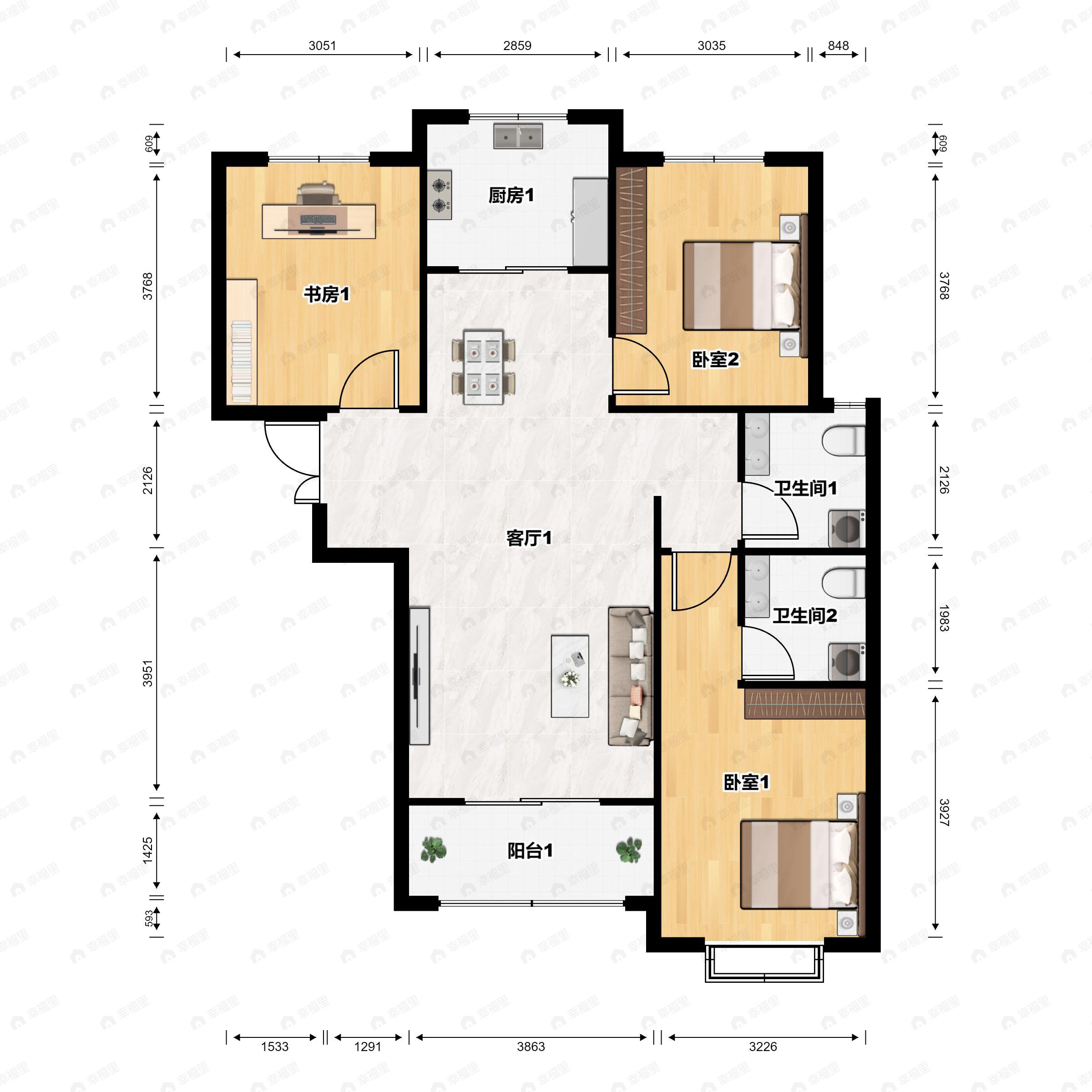 3室2厅2卫建面123平南户型图