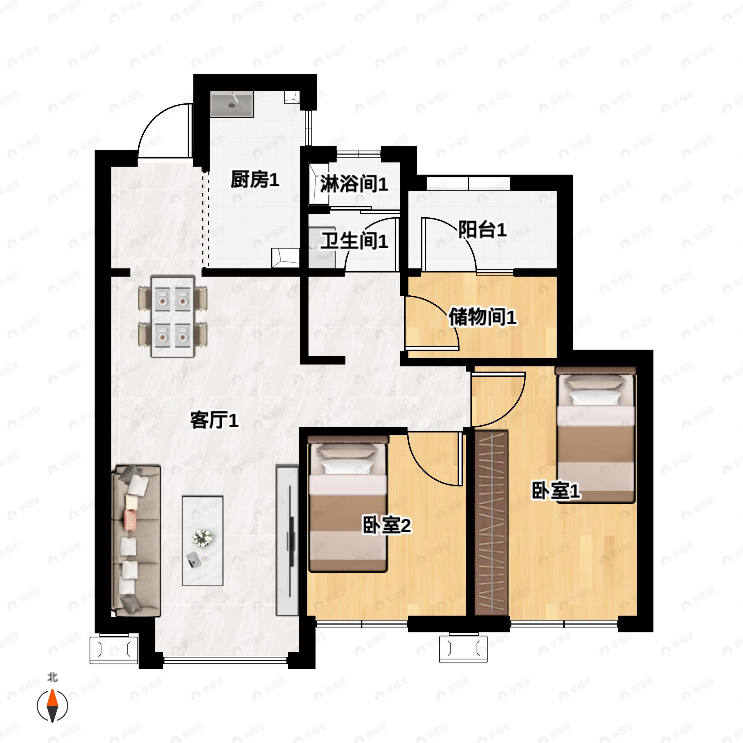 3室2厅1卫建面87平南户型图