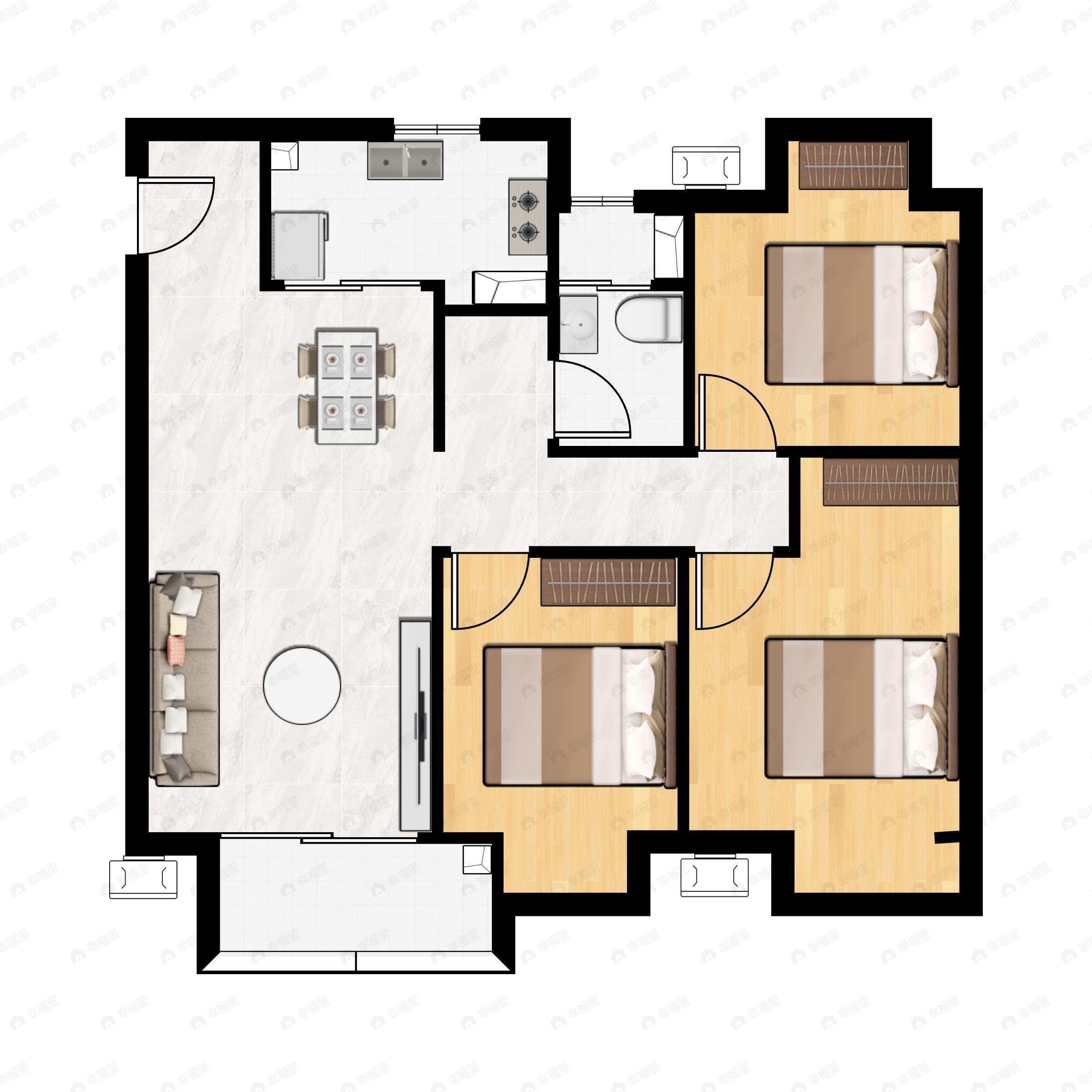 3室2厅1卫建面102平户型图