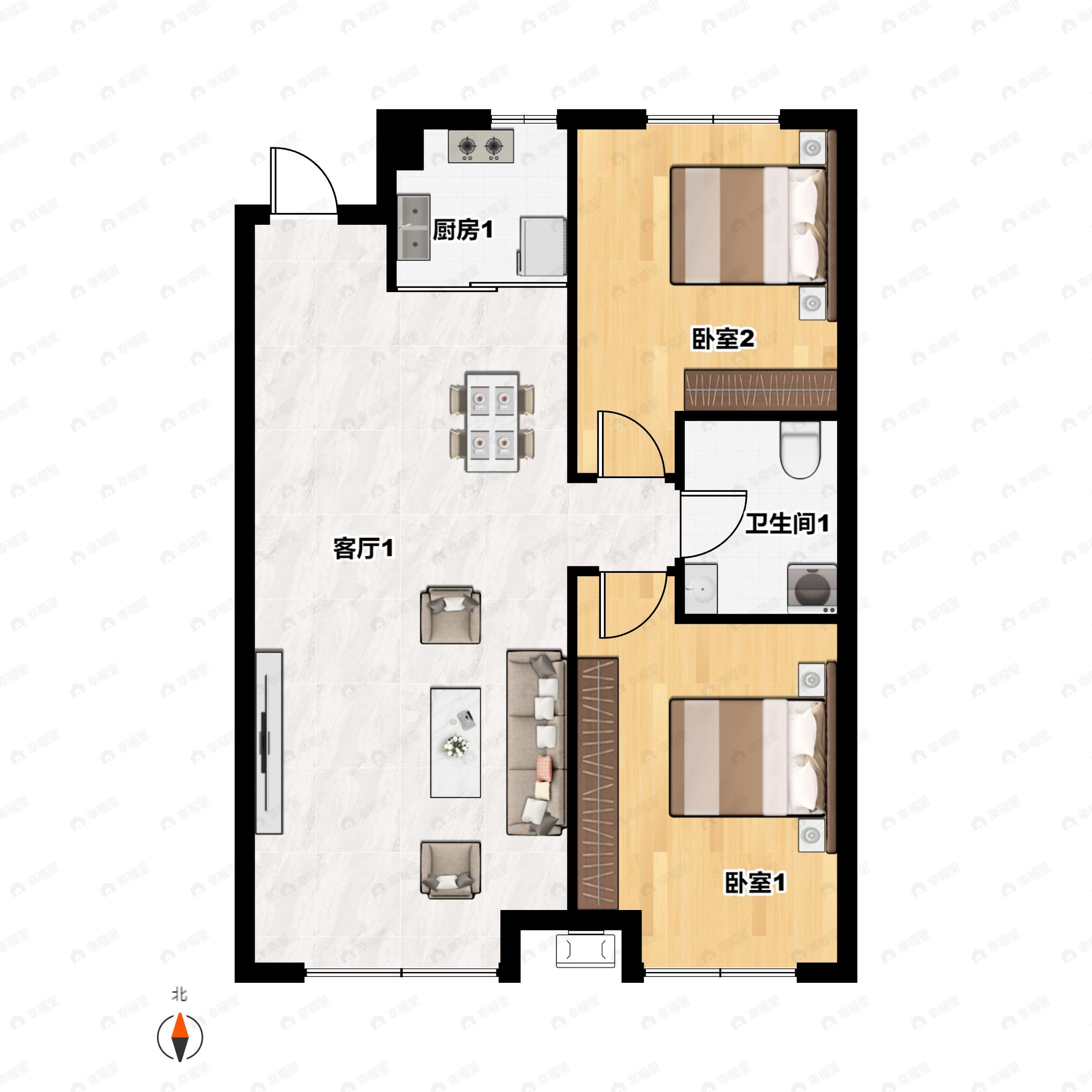 2室2厅1卫建面91平南户型图