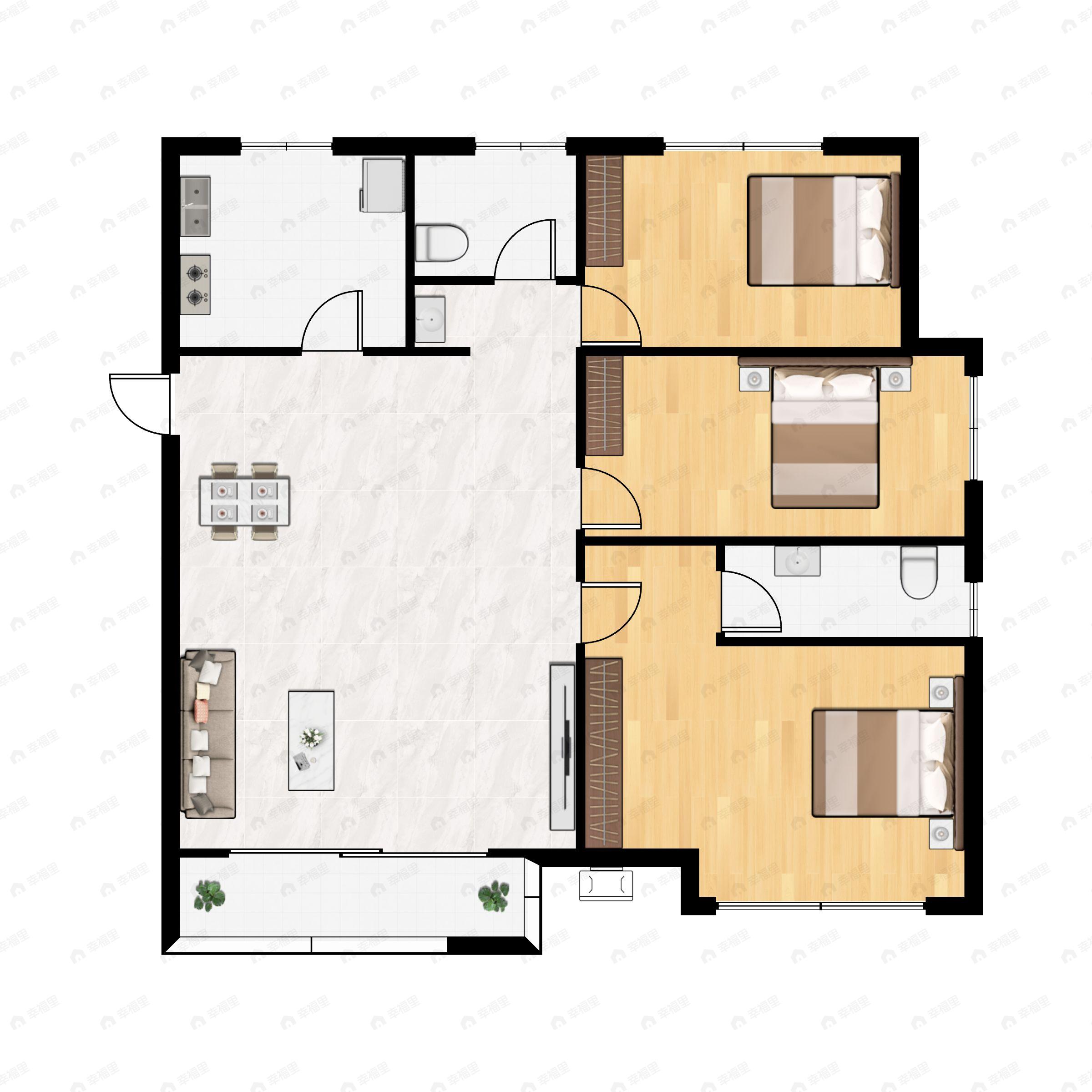 3室2厅2卫建面120平南户型图
