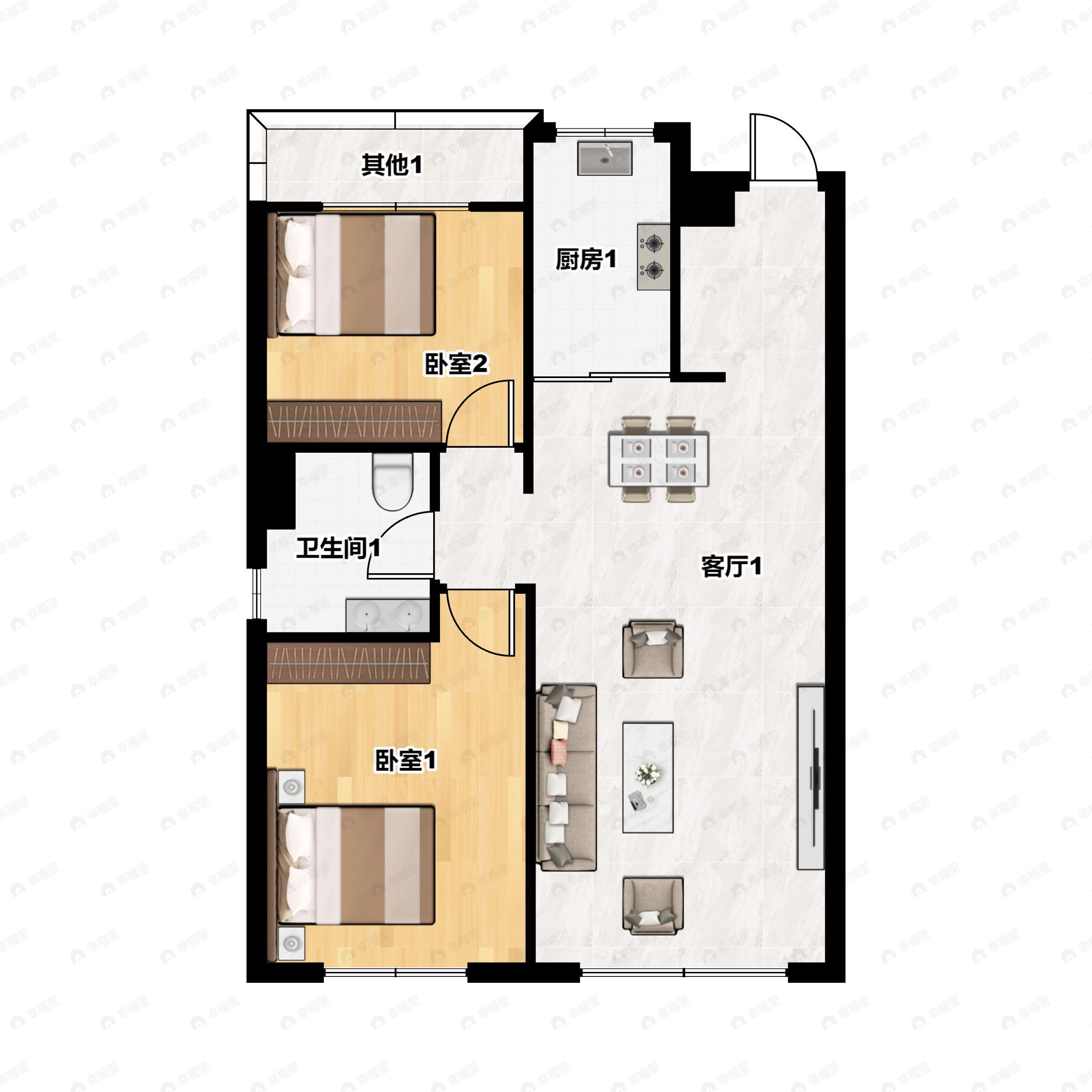 2室2厅1卫建面89m²南|北户型图