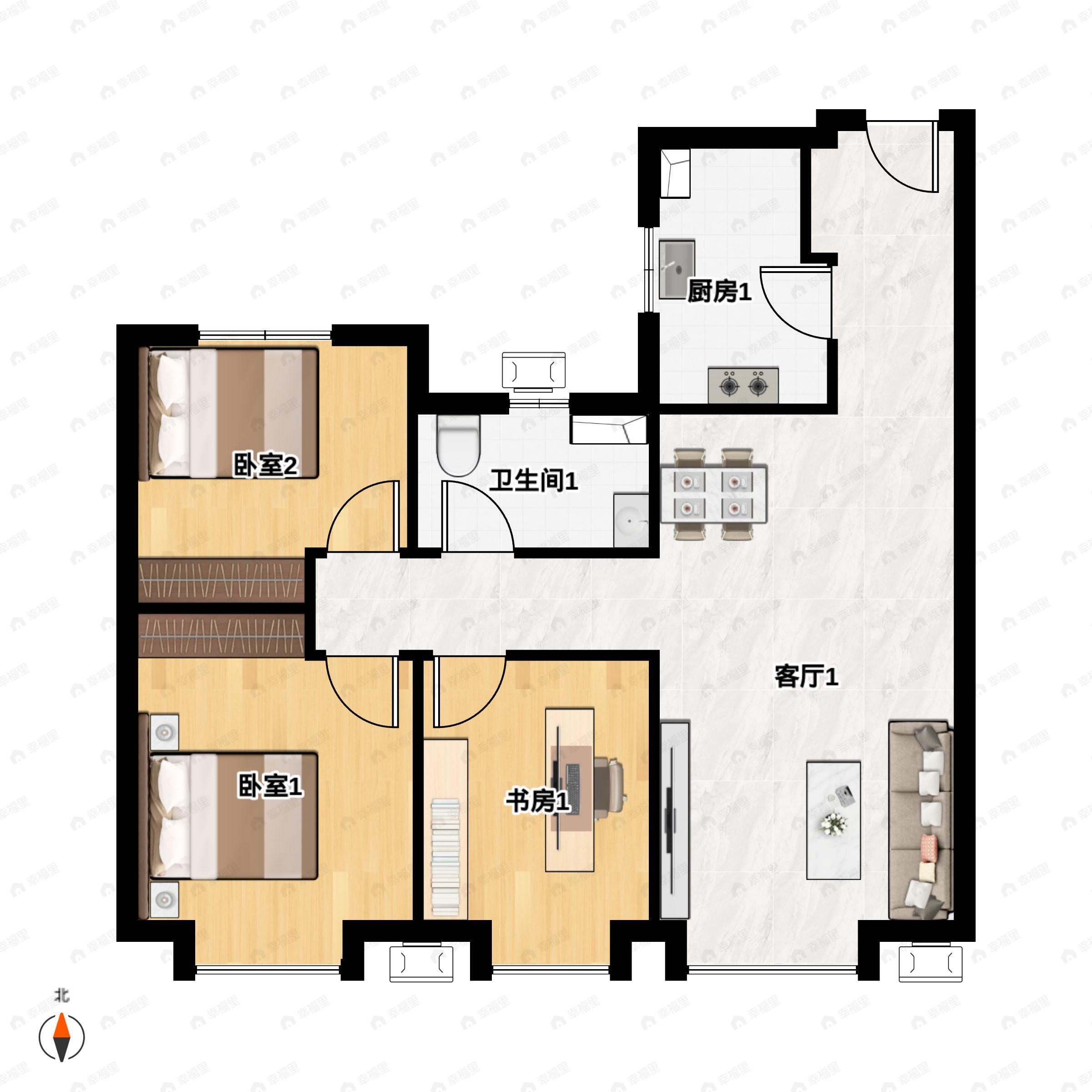 3室2厅1卫建面100平户型图