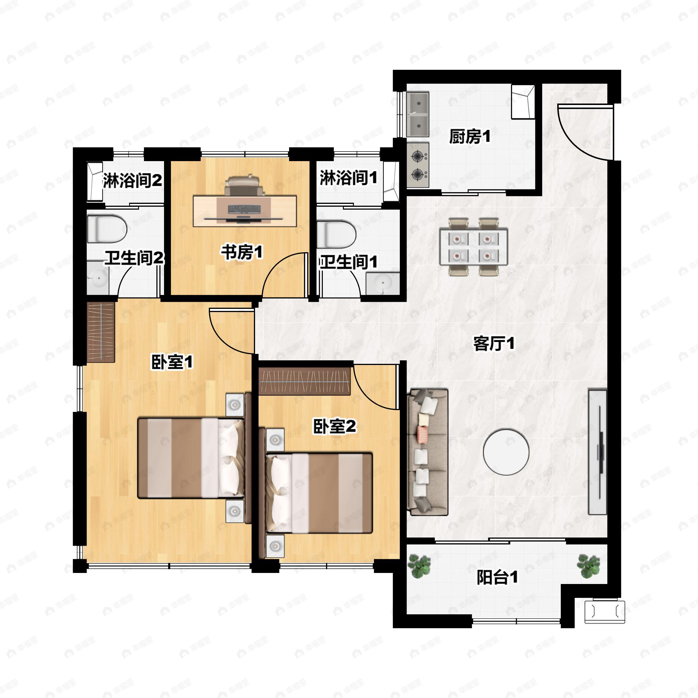 3室2厅2卫建面118平户型图