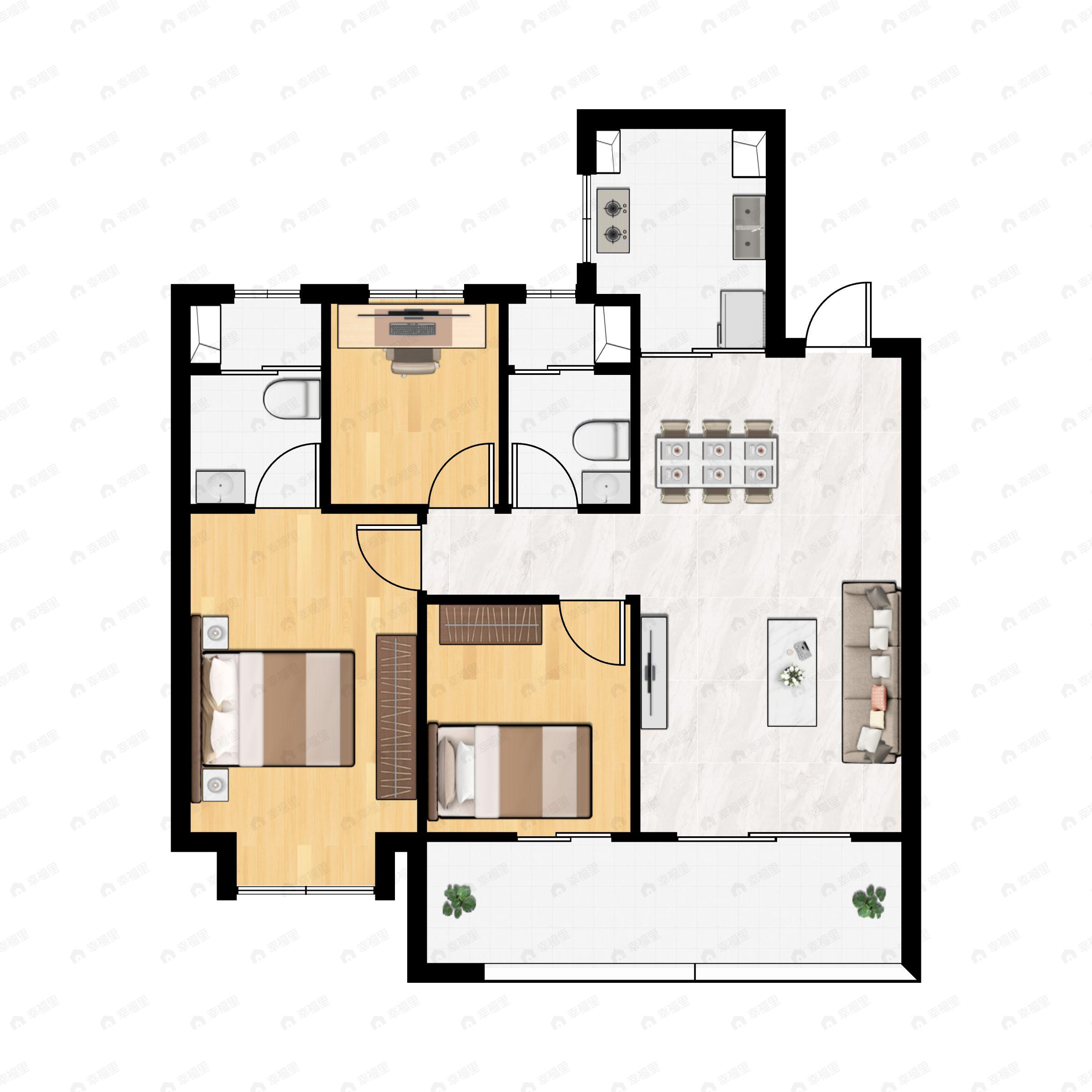 3室2厅2卫建面102平户型图