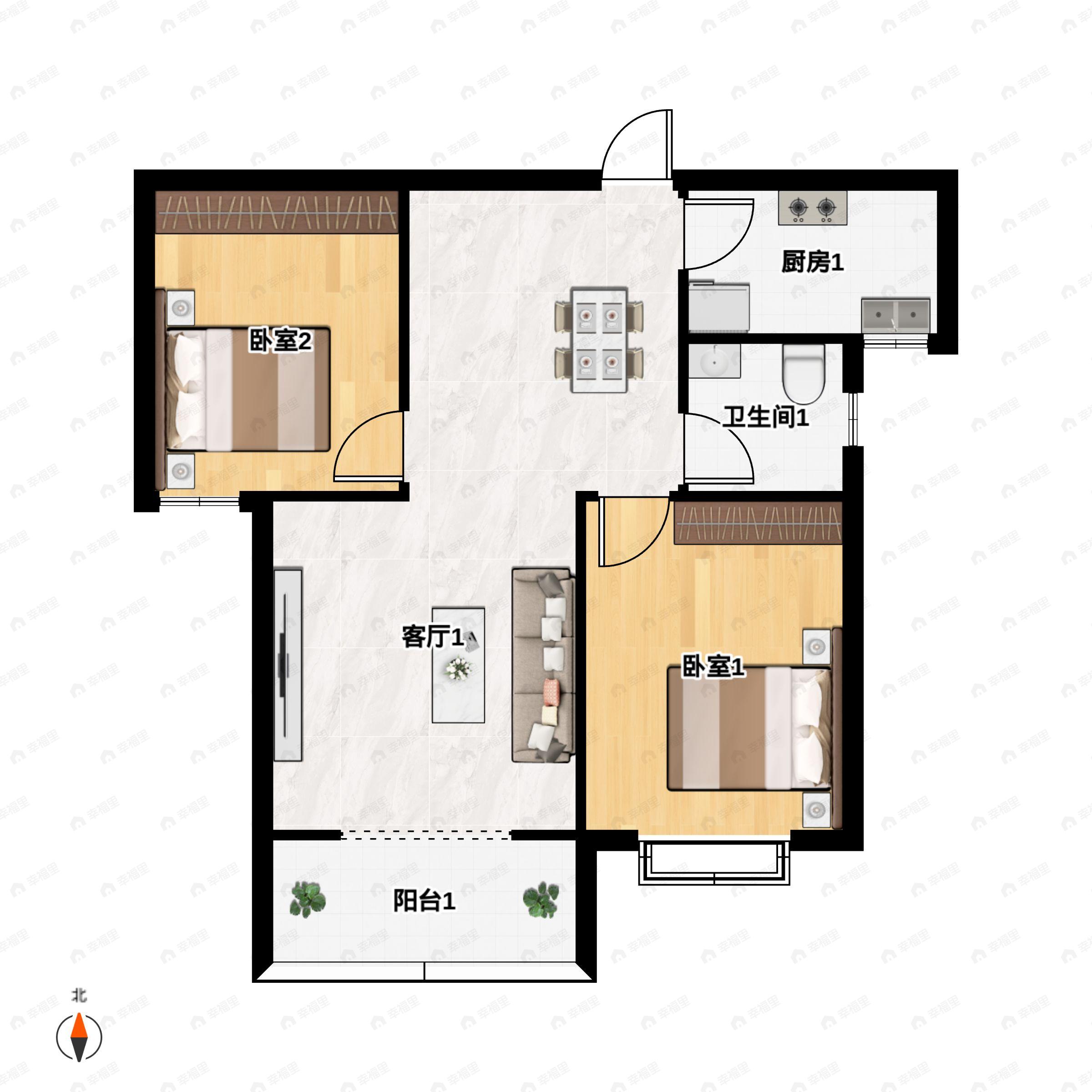 2室2厅1卫建面87m²户型图