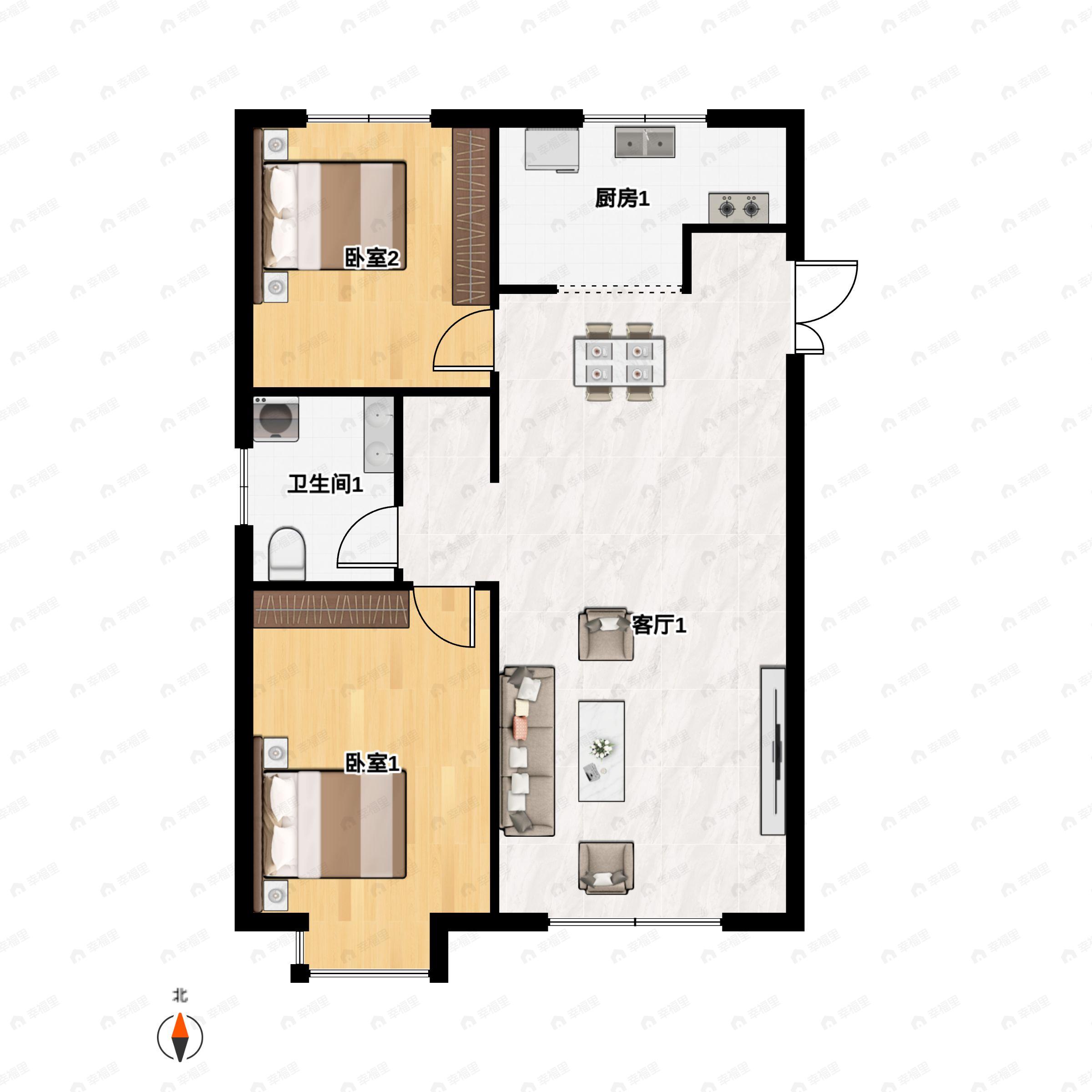 2室2厅1卫建面92平户型图