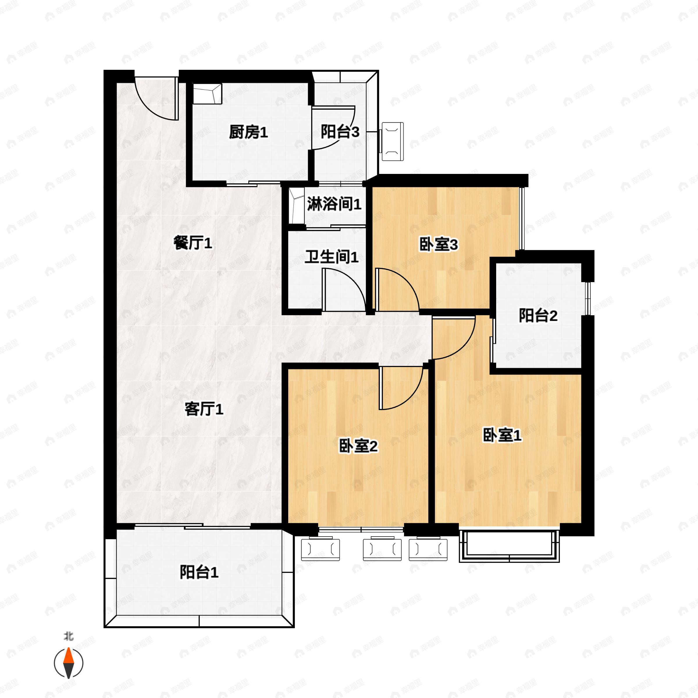 3室2厅2卫建面109m²南户型图