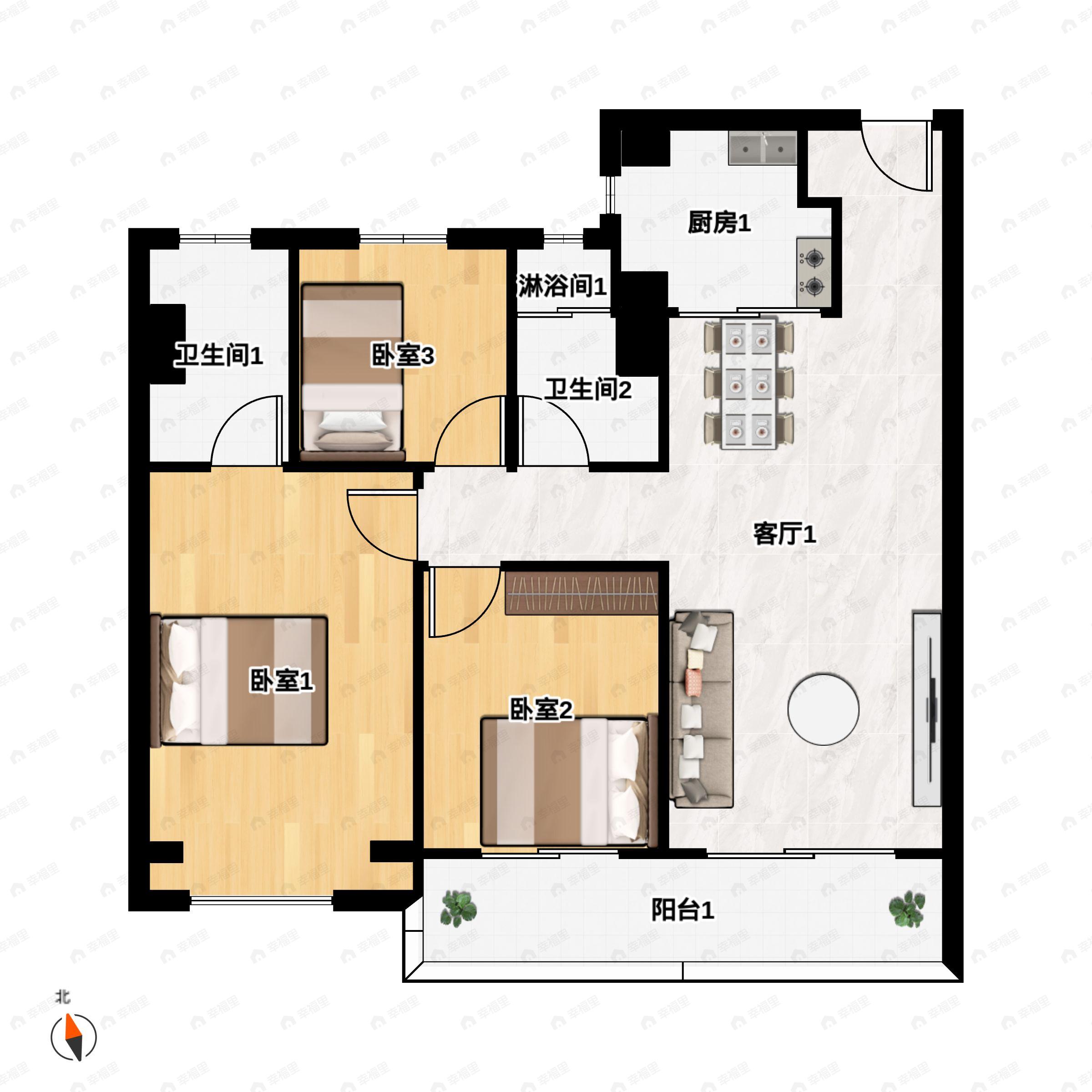 3室2厅2卫建面111m²北|南户型图
