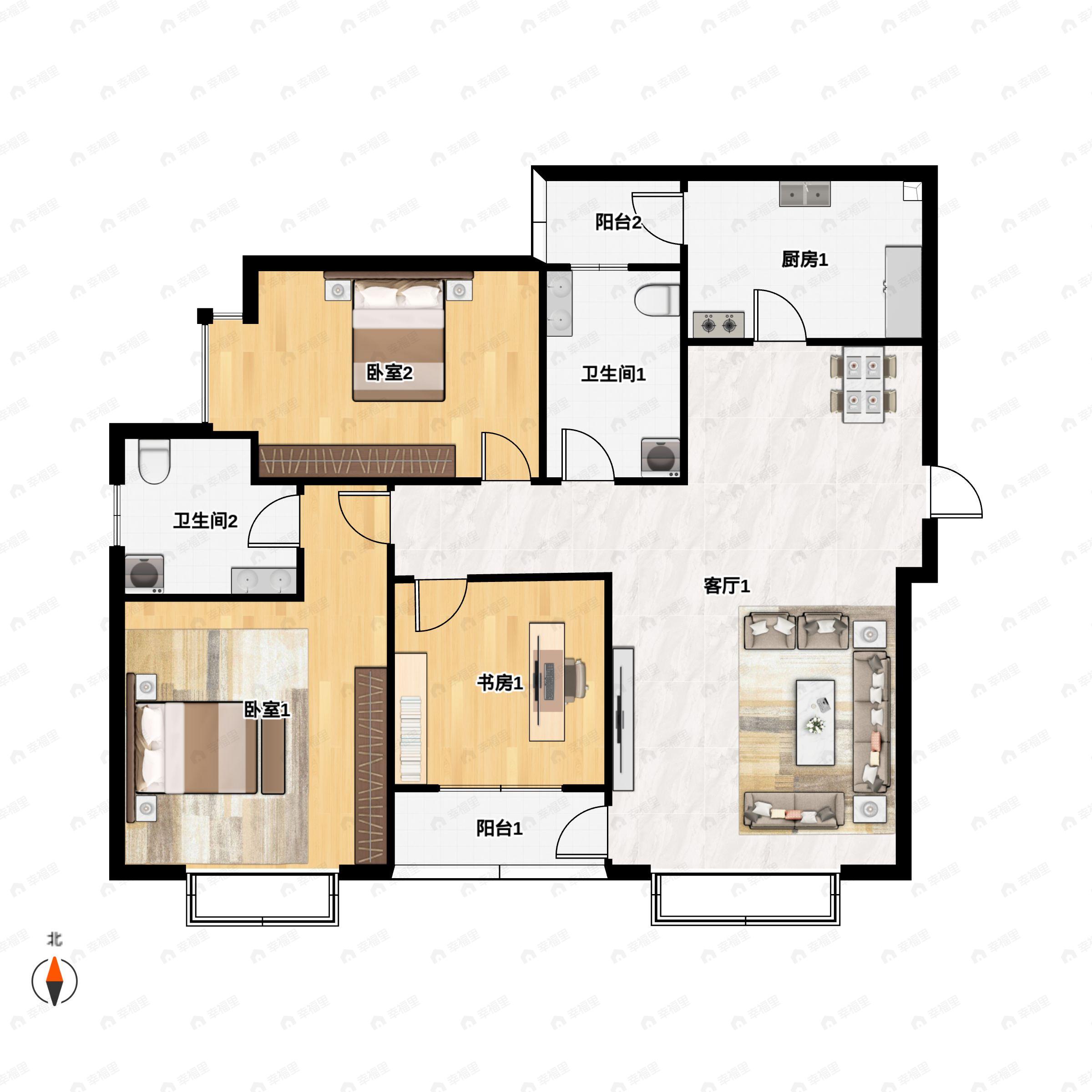 3室2厅2卫建面107m²南户型图