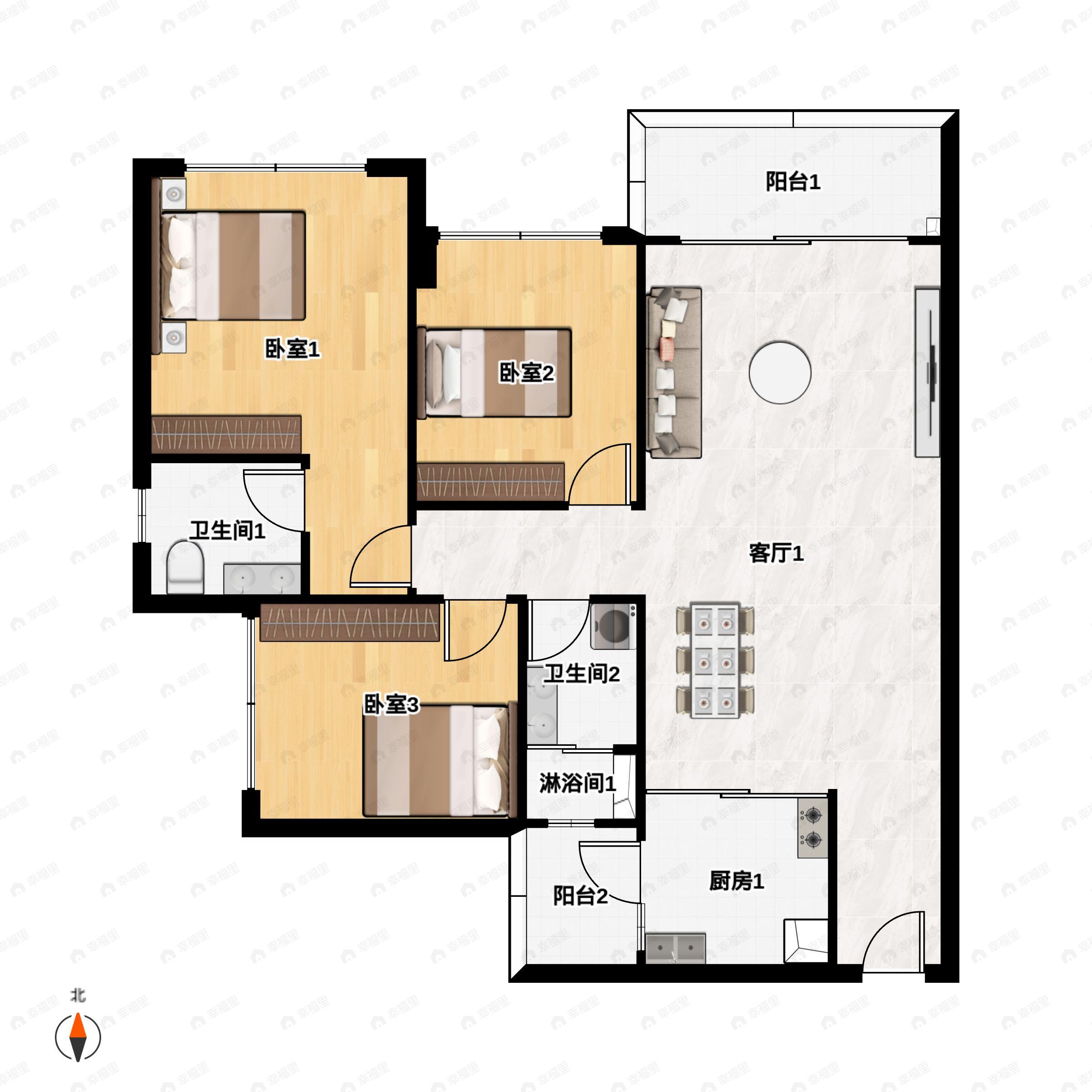 3室2厅2卫建面101平户型图