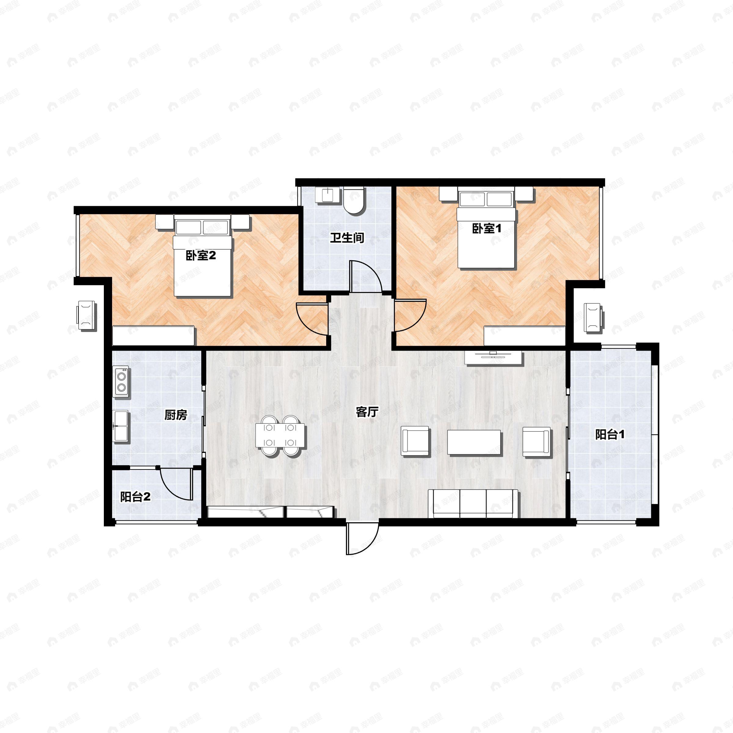 2室2厅1卫建面87m²北|南户型图