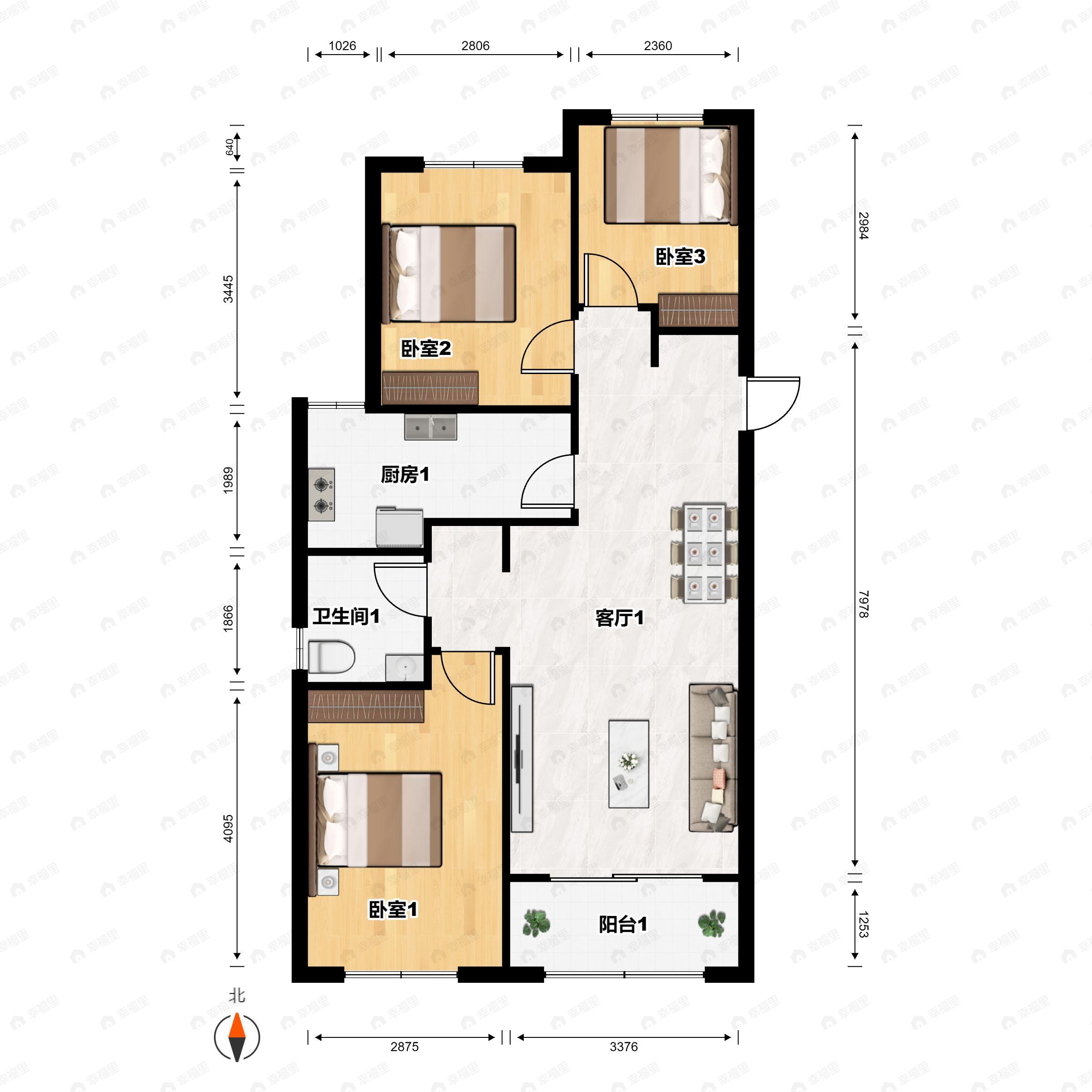 3室2厅1卫建面121平南户型图