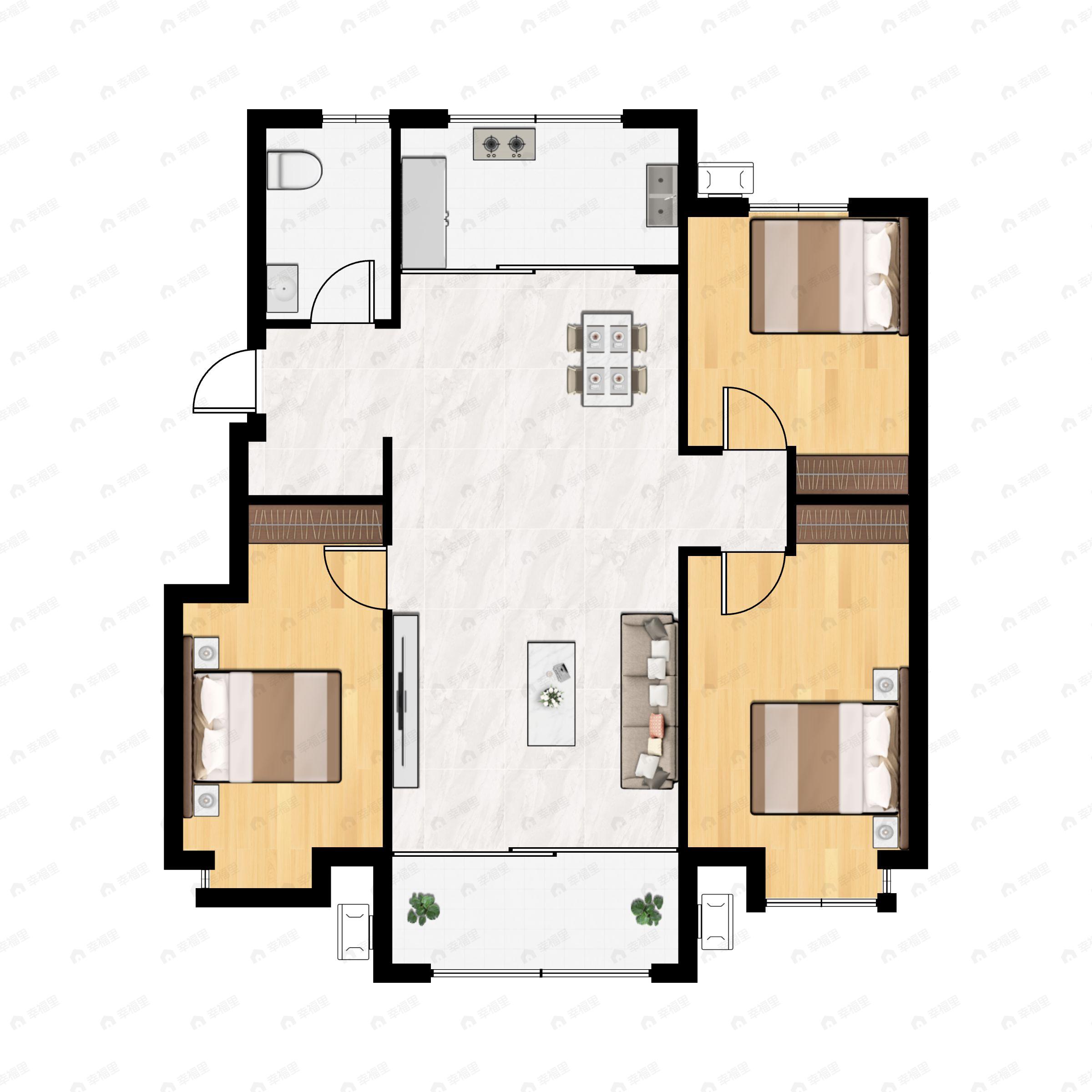 3室2厅1卫建面120m²南户型图