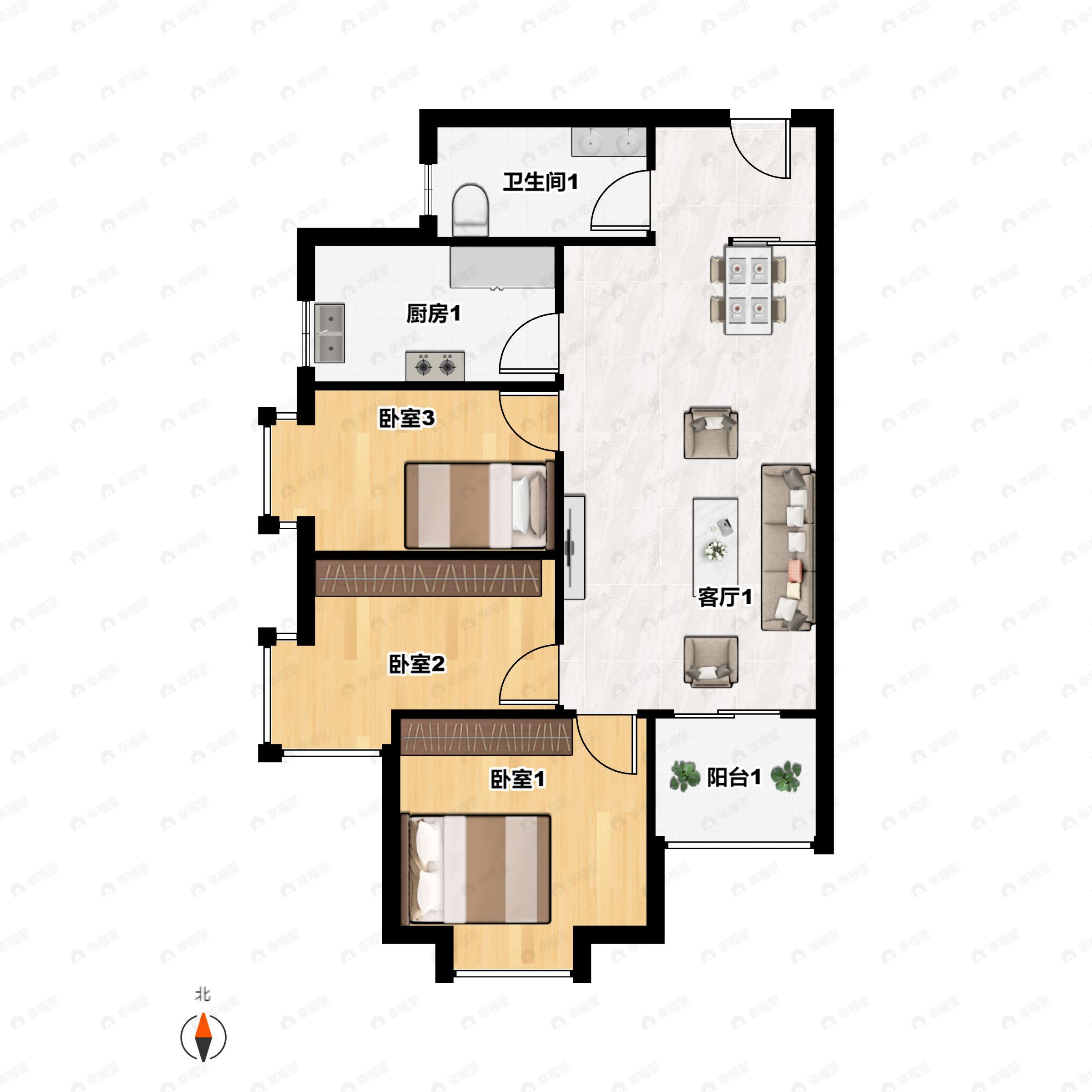 3室2厅1卫建面91m²南户型图