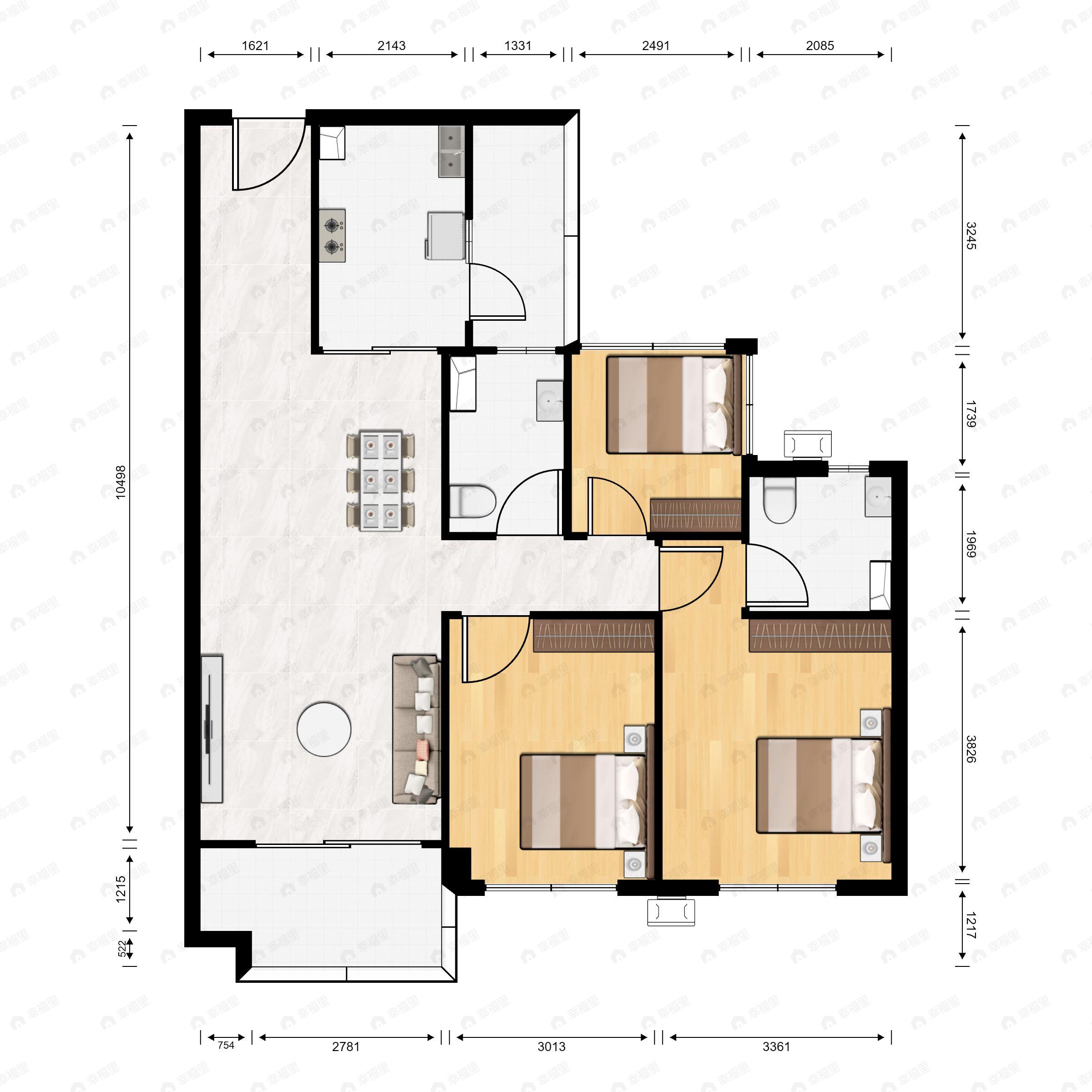 3室2厅2卫建面88m²南|北户型图