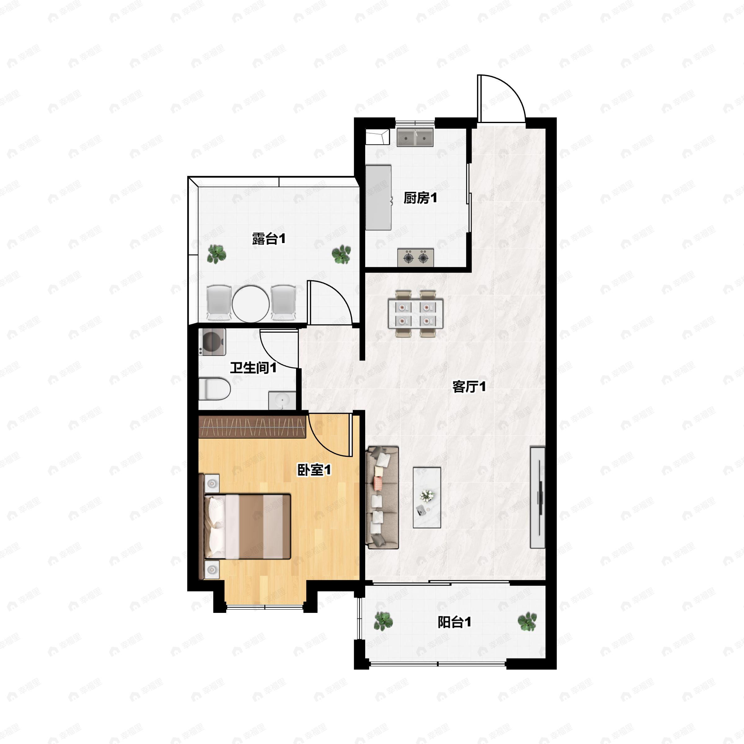 1室2厅1卫建面72m²南户型图