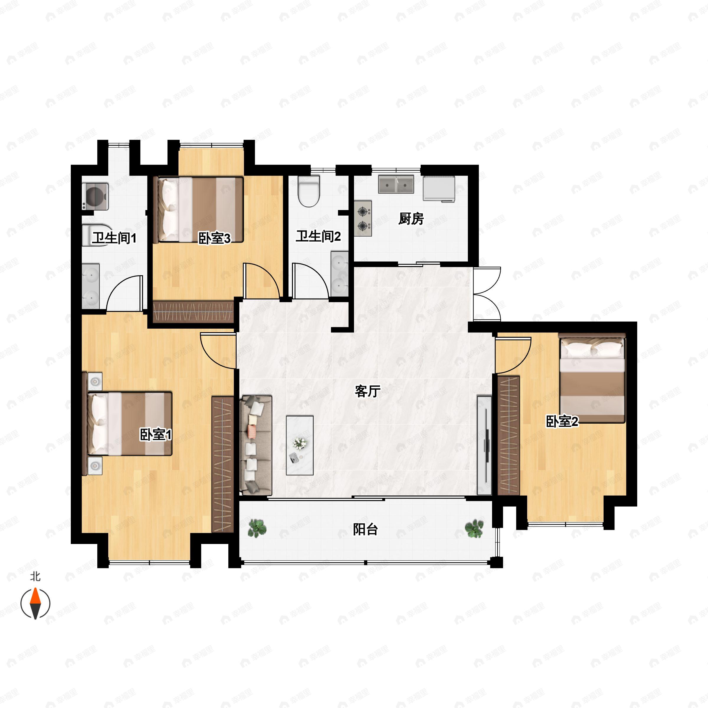 3室2厅2卫建面141m²南|北户型图