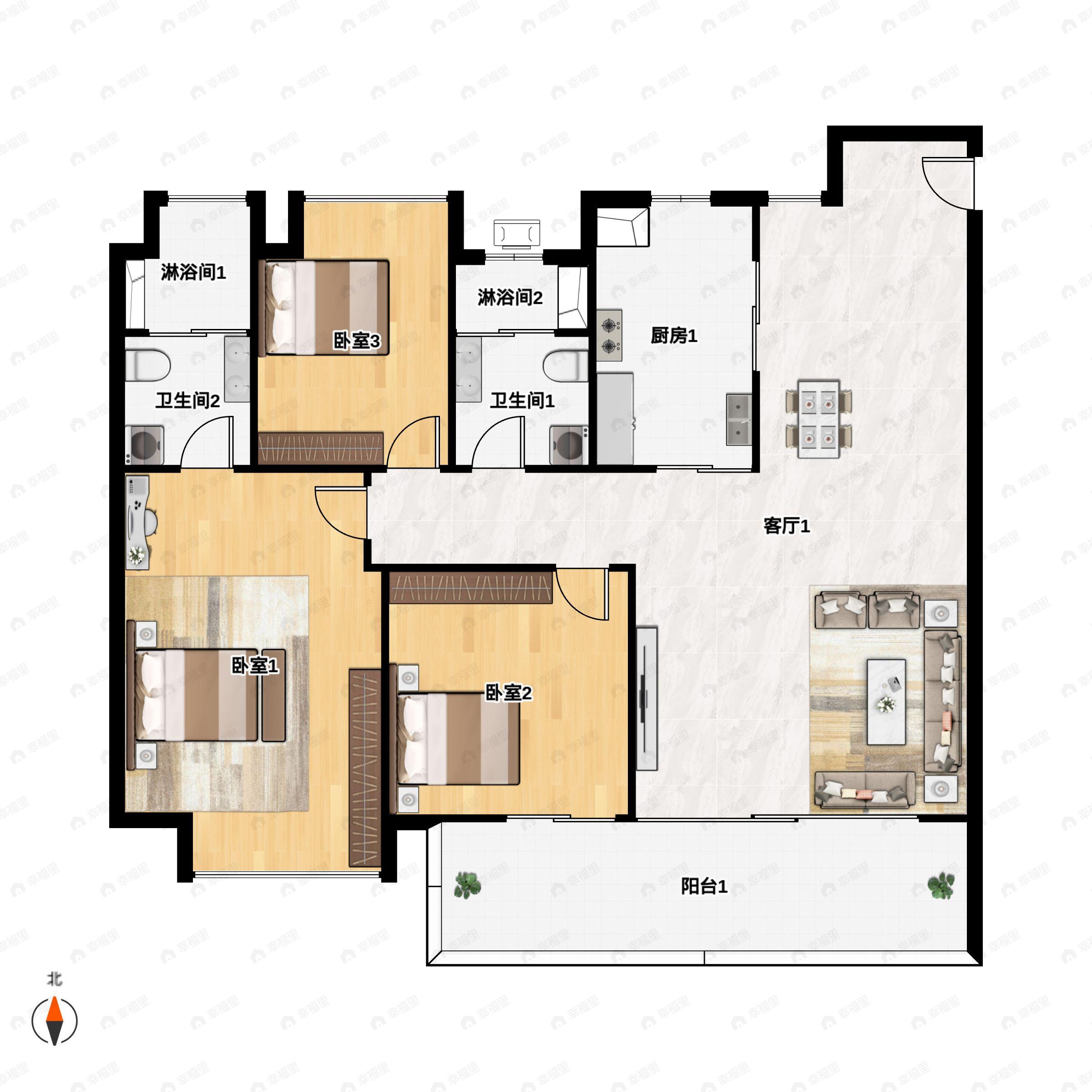 3室2厅2卫建面115m²北|南户型图
