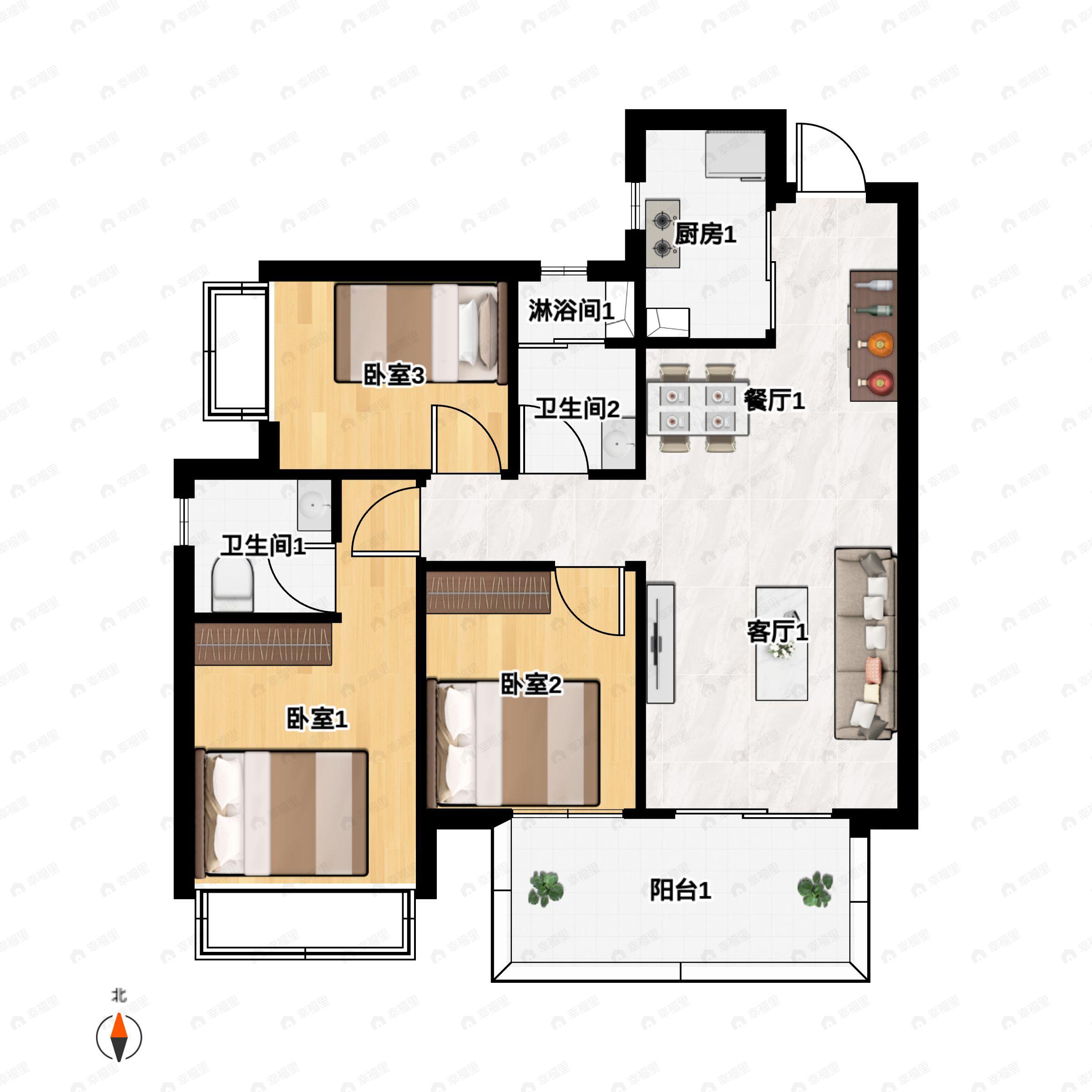 3室2厅2卫建面95m²南户型图