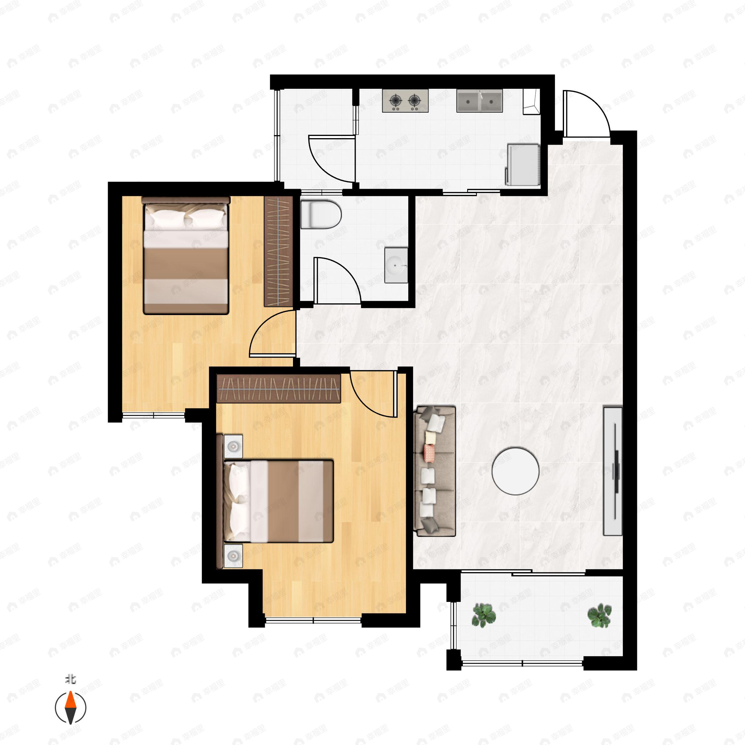 2室2厅1卫建面75平户型图